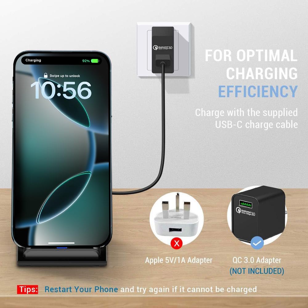 20W Fast Wireless Charging Stand for iPhone 16/16 Pro/15/14/13/12/11 Series, Galaxy S24/S23/S22/Note, Pixel & LG - Qi Certified Phone Charger with LED Indicator (No Adapter Included) | Perfect for Bedside, Office & Car Use
