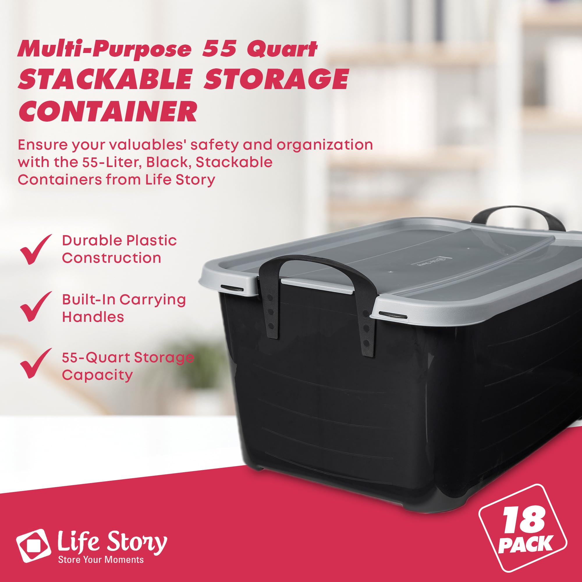 18-Pack Stackable Plastic Storage Bins with Handles & Secure Snap Lids - 55 Qt Black Organizer Containers for Home, Office, Closet & Garage Organization