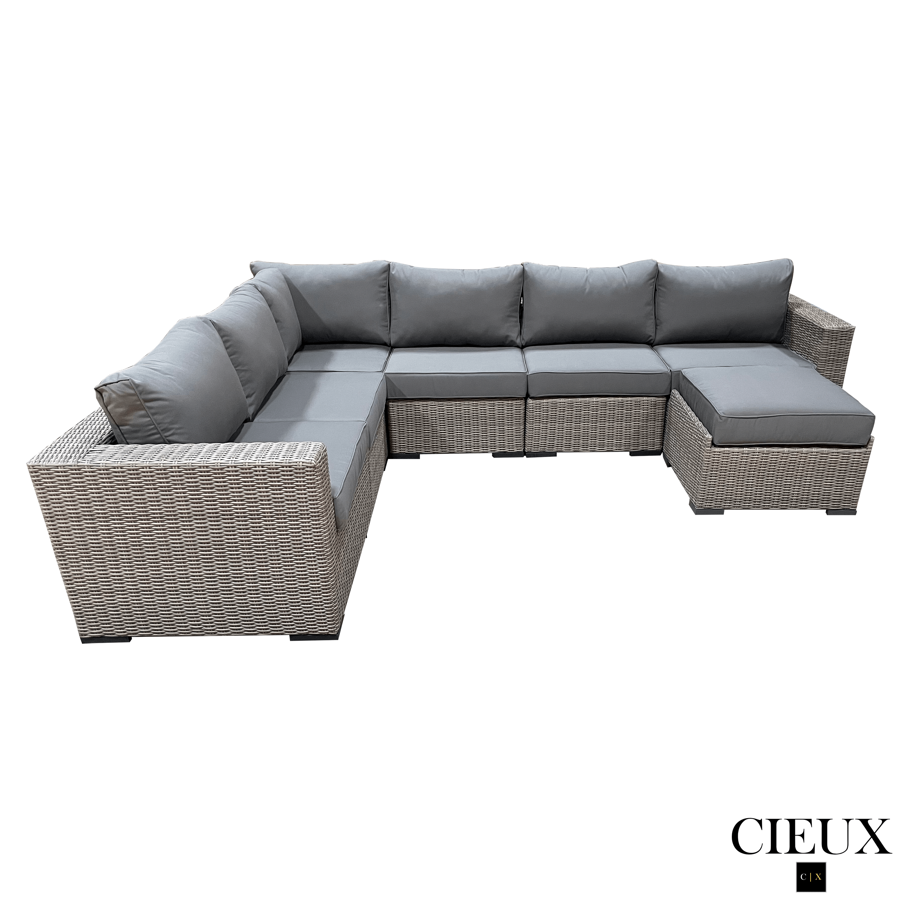 Riviera Outdoor Patio Wicker L-Shaped Sectional Sofa Set with Ottoman - Grey Sunbrella Canvas Charcoal Cushions - Perfect for Poolside Lounging, Backyard Relaxation & Outdoor Entertaining