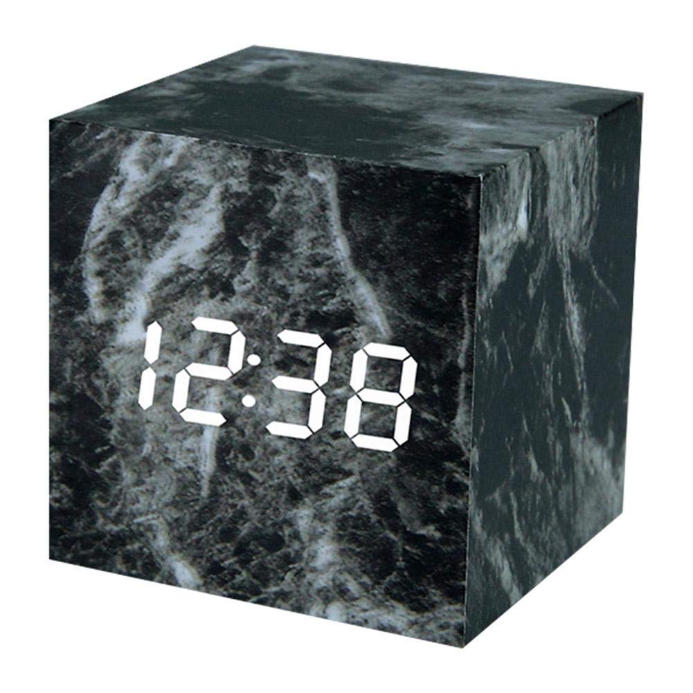 Digital LED Alarm Clock with Sound Control - Imitation Marble Cube Design, Displays Date & Temperature - Perfect for Bedroom, Office, or Travel (Black)