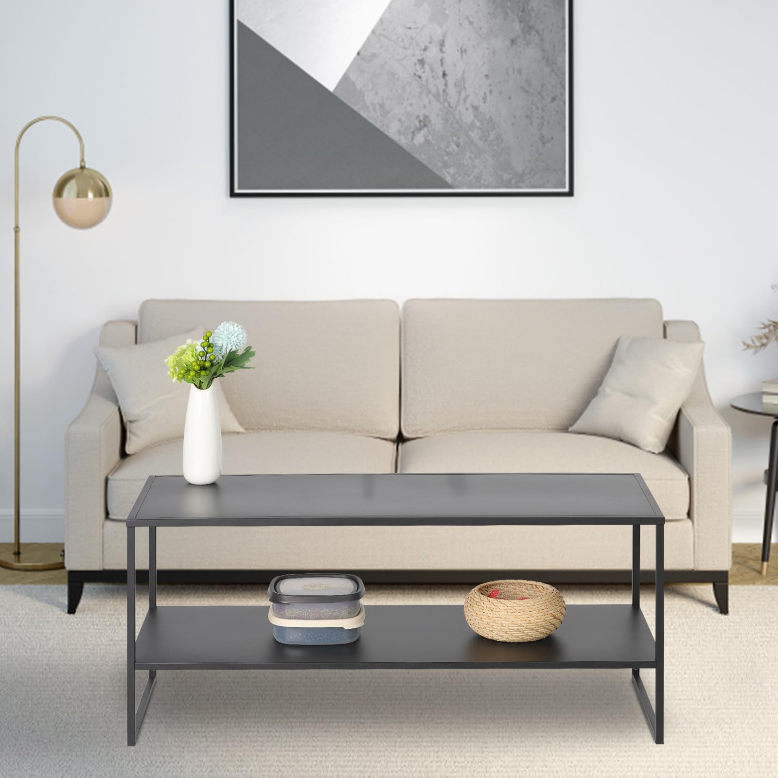 40 Inch Modern Rectangular Coffee Table with 2-Tier Shelf - Black Living Room Accent Table with Sturdy Metal Legs | Perfect for Small Spaces, Apartments & Lounge Areas