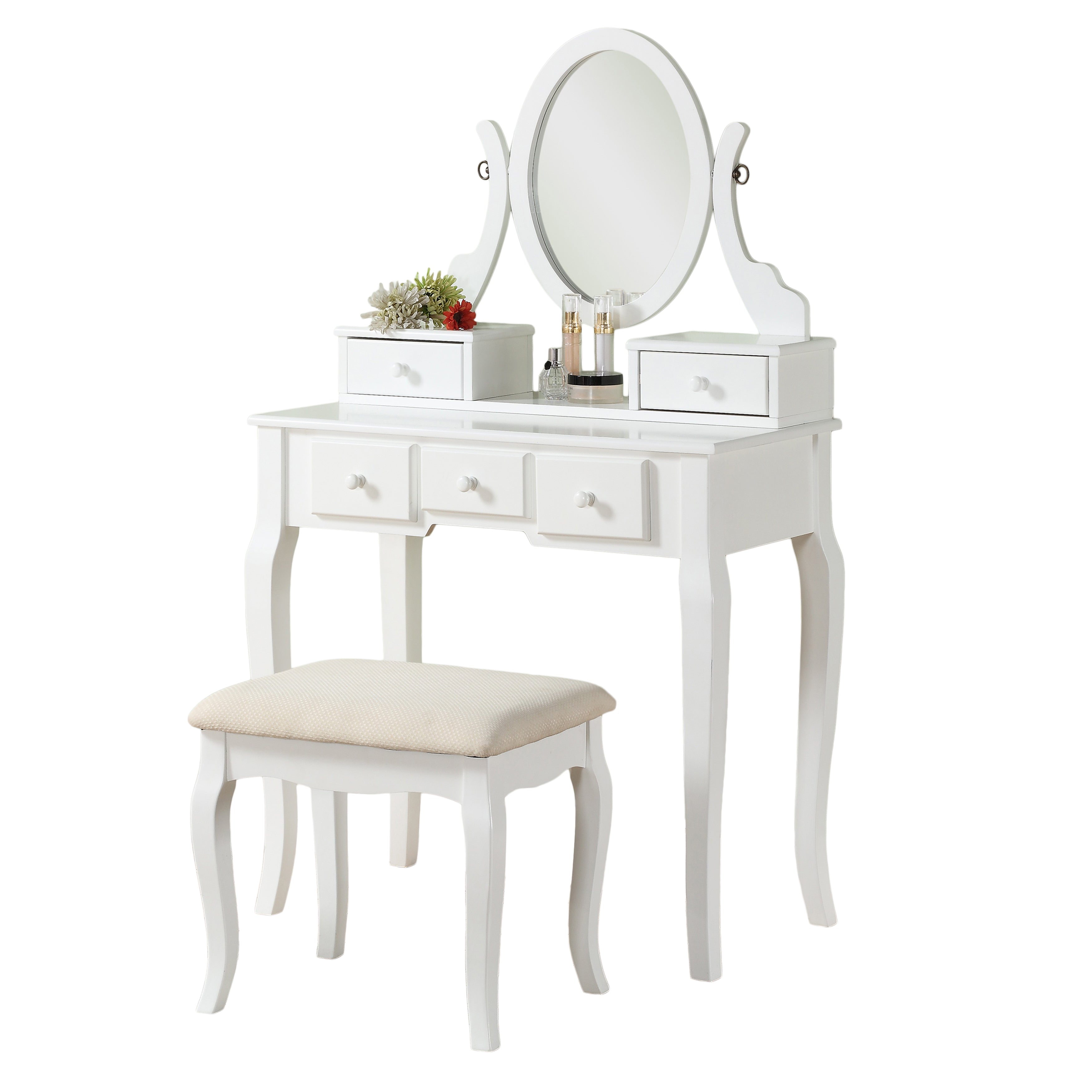 Ashley Wood Makeup Vanity Table with Stool Set - Roundhill Furniture - Elegant Dressing Table for Bedroom, Bathroom & Beauty Salon - Perfect for Makeup, Skincare & Hair Styling