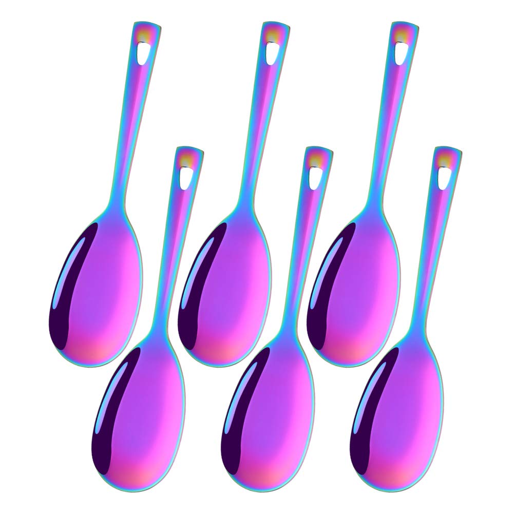 Dongbo 6-Piece Stainless Steel Rice Spoon Set - 10-Inch Large Serving Rice Paddle, Metal Scooper for Rice, Mashed Potatoes & Cooking - Dishwasher Safe Rainbow Utensils - Perfect for Kitchens, Restaurants & Catering Events