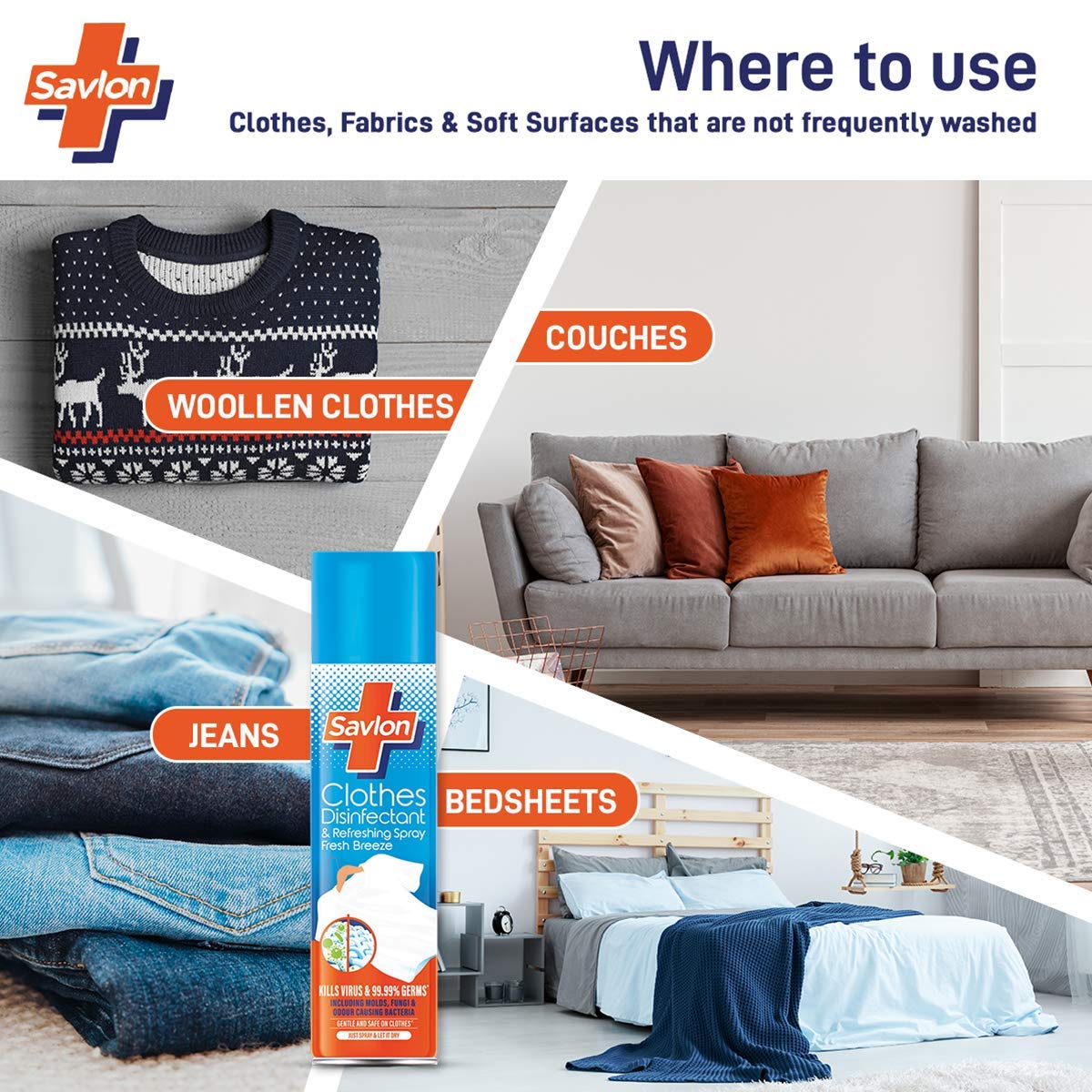 Savlon Antibacterial Clothes Disinfectant Spray - 230ml (Pack of 2) | Kills 99.99% Germs & Viruses | Eliminates Odor Causing Bacteria | Fresh Scent Fabric Refresher | Perfect for Travel, Gym Clothes & Baby Laundry