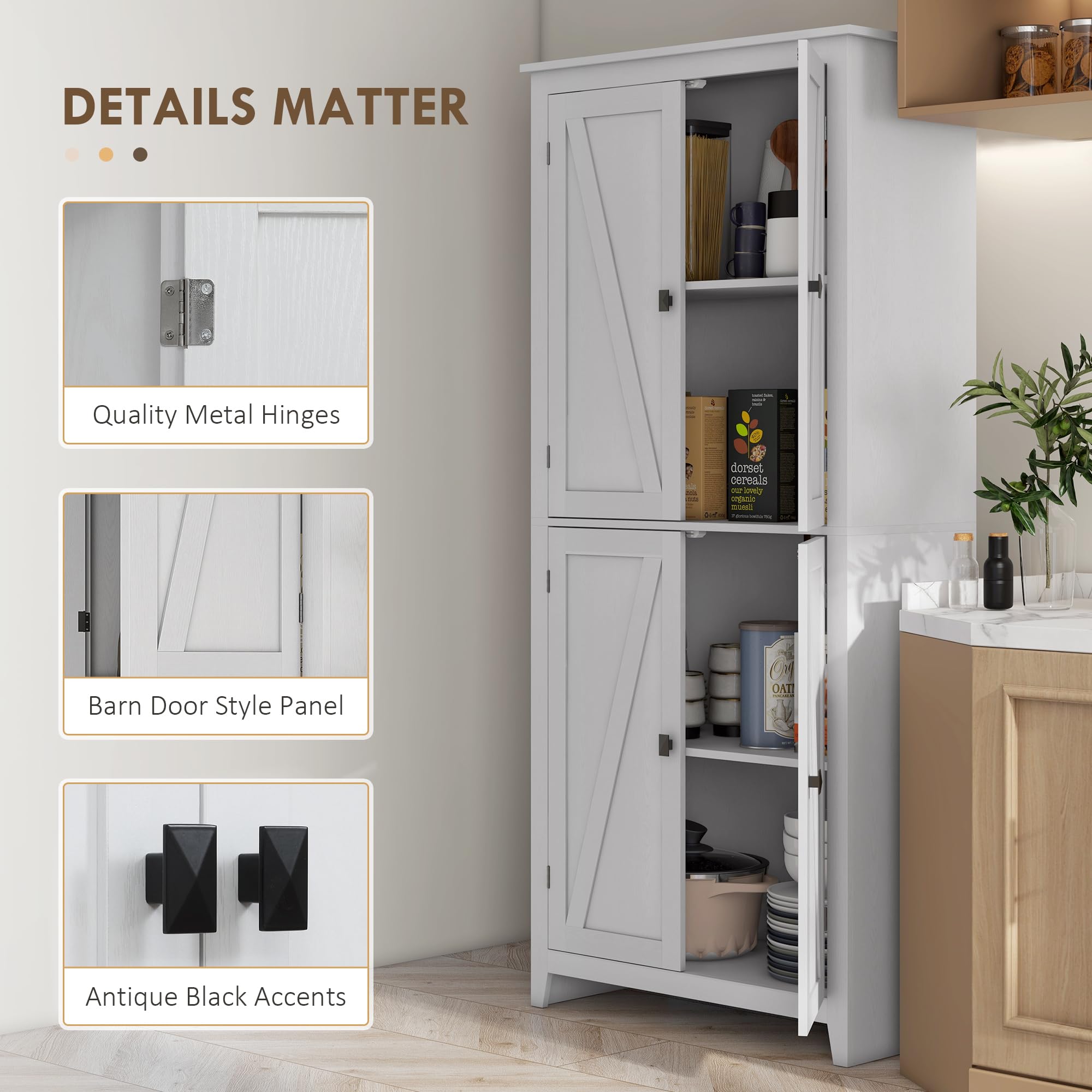 HOMCOM 72 Inch Freestanding Kitchen Pantry Cabinet - Farmhouse Style Tall Storage Cabinet with 4 Doors & Adjustable Shelves for Dining Room, Living Room, Kitchen - White Organizer for Food, Dishes & Home Essentials