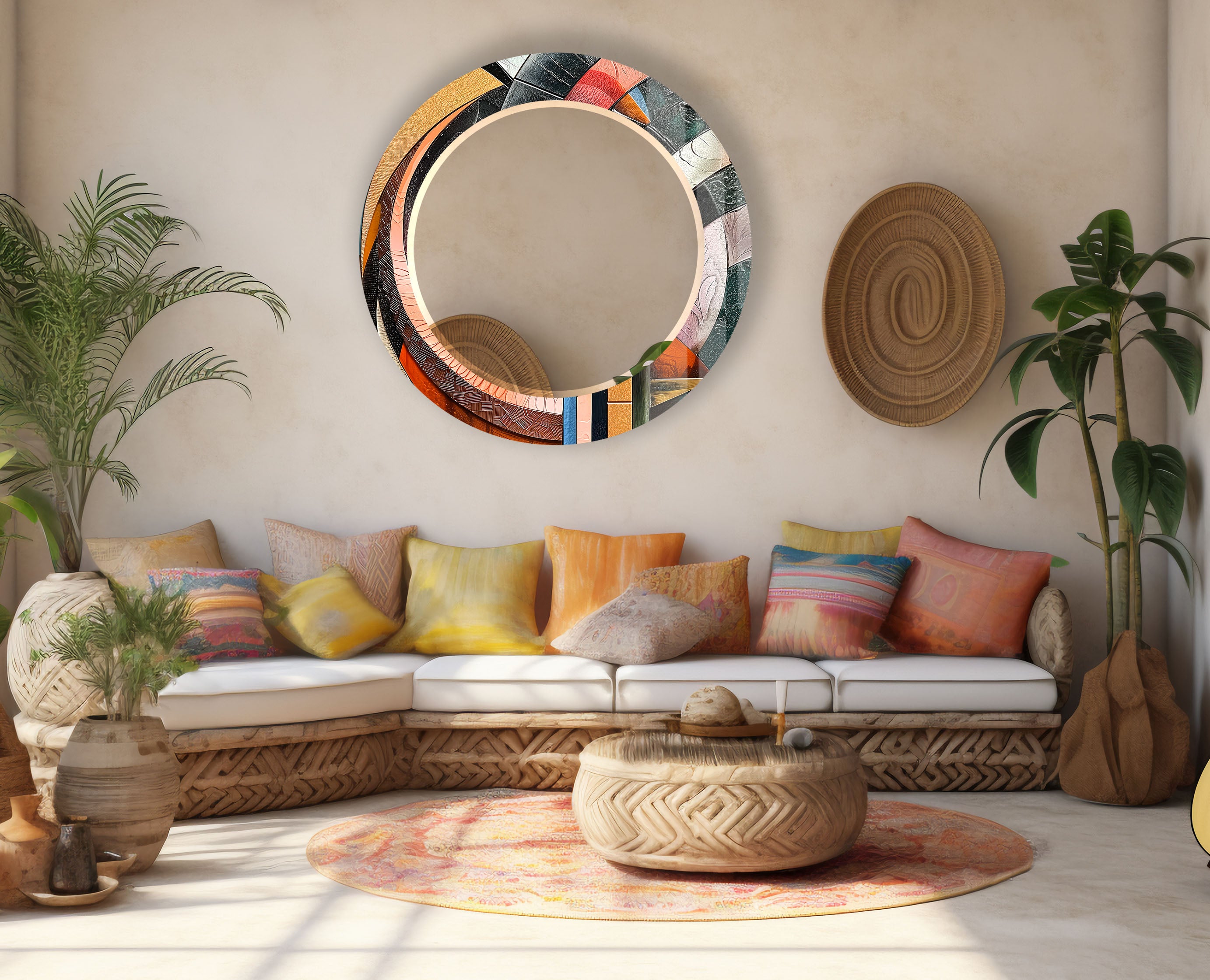 Vibrant Mosaic Round Wall Mirror with Artistic Glass Frame - Elegant Home Decor for Living Room, Bedroom & Bathroom | Perfect for Modern Interior Design & Stylish Home Accents