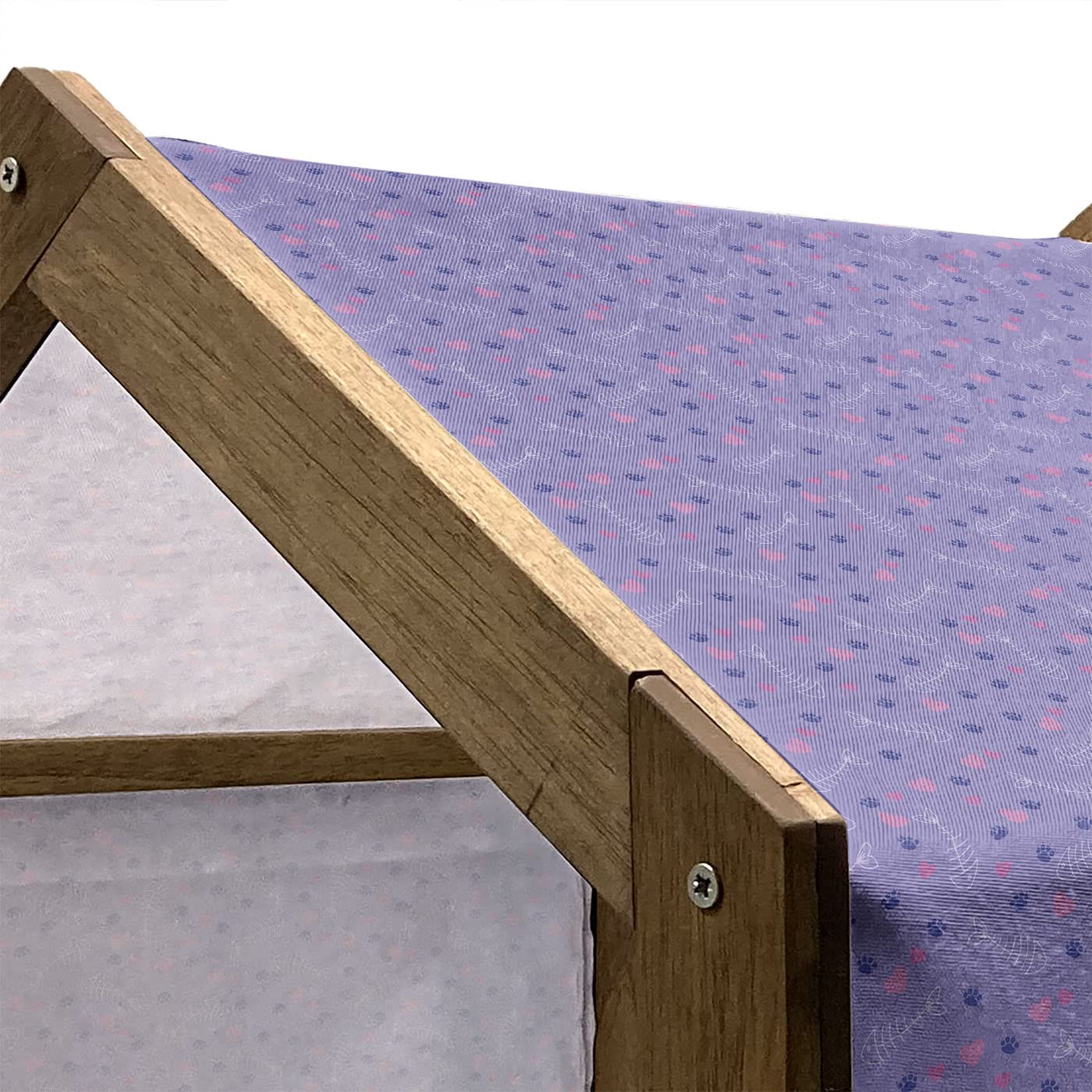Lunarable Wooden Pet House with Cat Tracks, Fish Bones & Hearts Print - Indoor/Outdoor Portable Dog Kennel with Pillow & Cover - Large Size Violet Pink - Perfect for Backyard, Patio or Living Room Pet Shelter