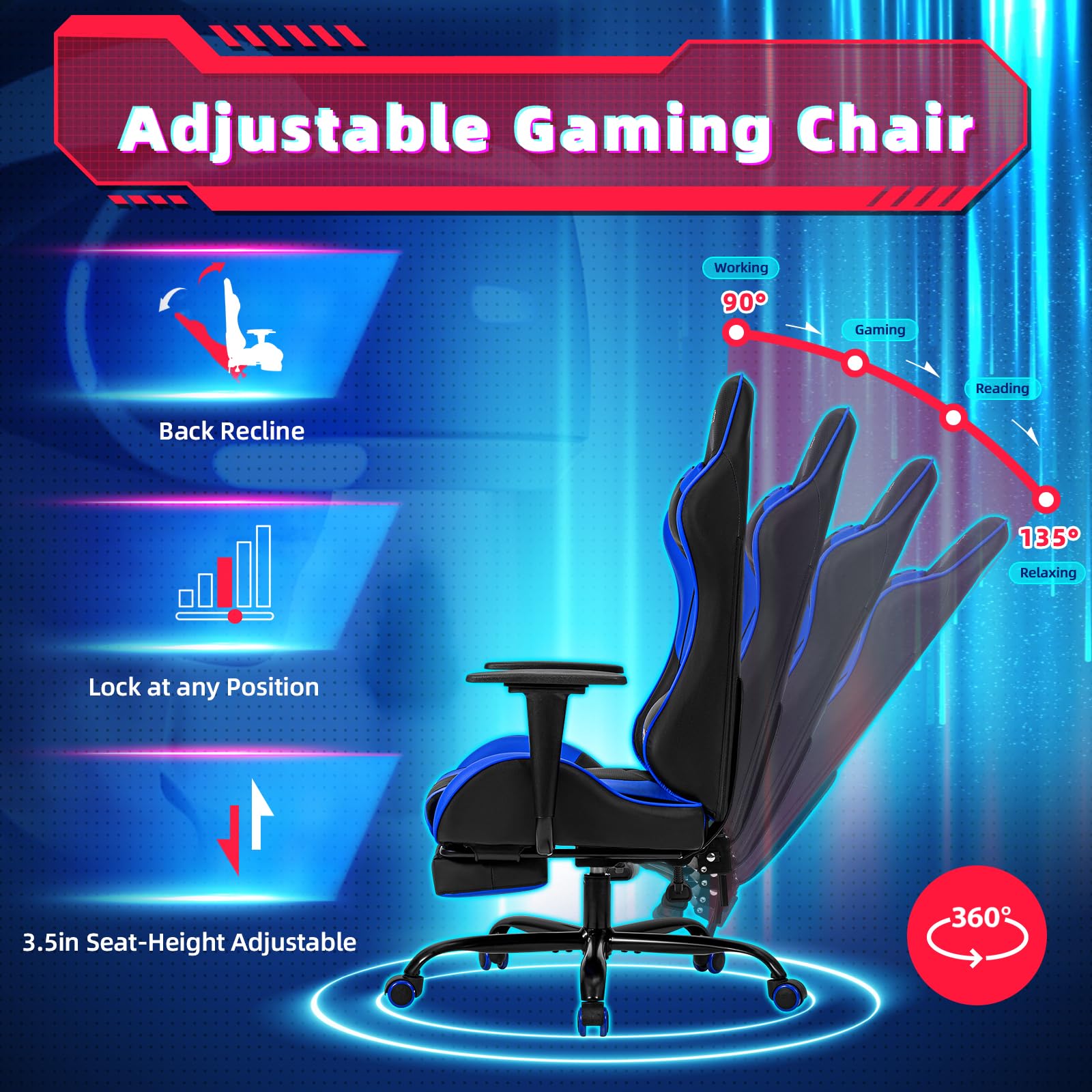 ECOTOUGE Ergonomic PC Massage Gaming Chair with Adjustable Footrest - Racing Style PU Leather Office Desk Chair with Headrest & Lumbar Support - Recliner Swivel Rocker for Home/Office/Gaming (Blue)