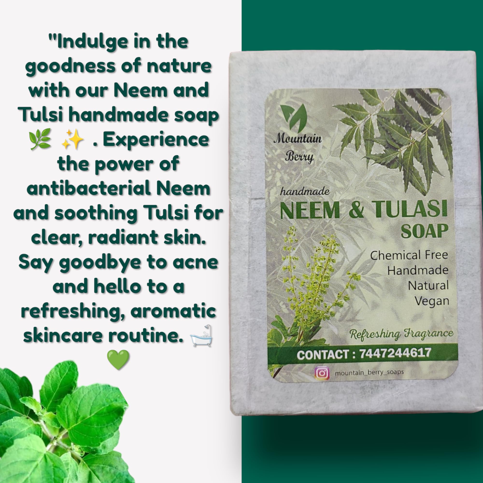 Organic Neem & Tulsi Handmade Soap for Glowing Skin - Antibacterial, Soothing, Detoxifying & Moisturizing Bar (120g) | Ideal for Acne-Prone Skin, Daily Cleansing & Ayurvedic Skincare Routine