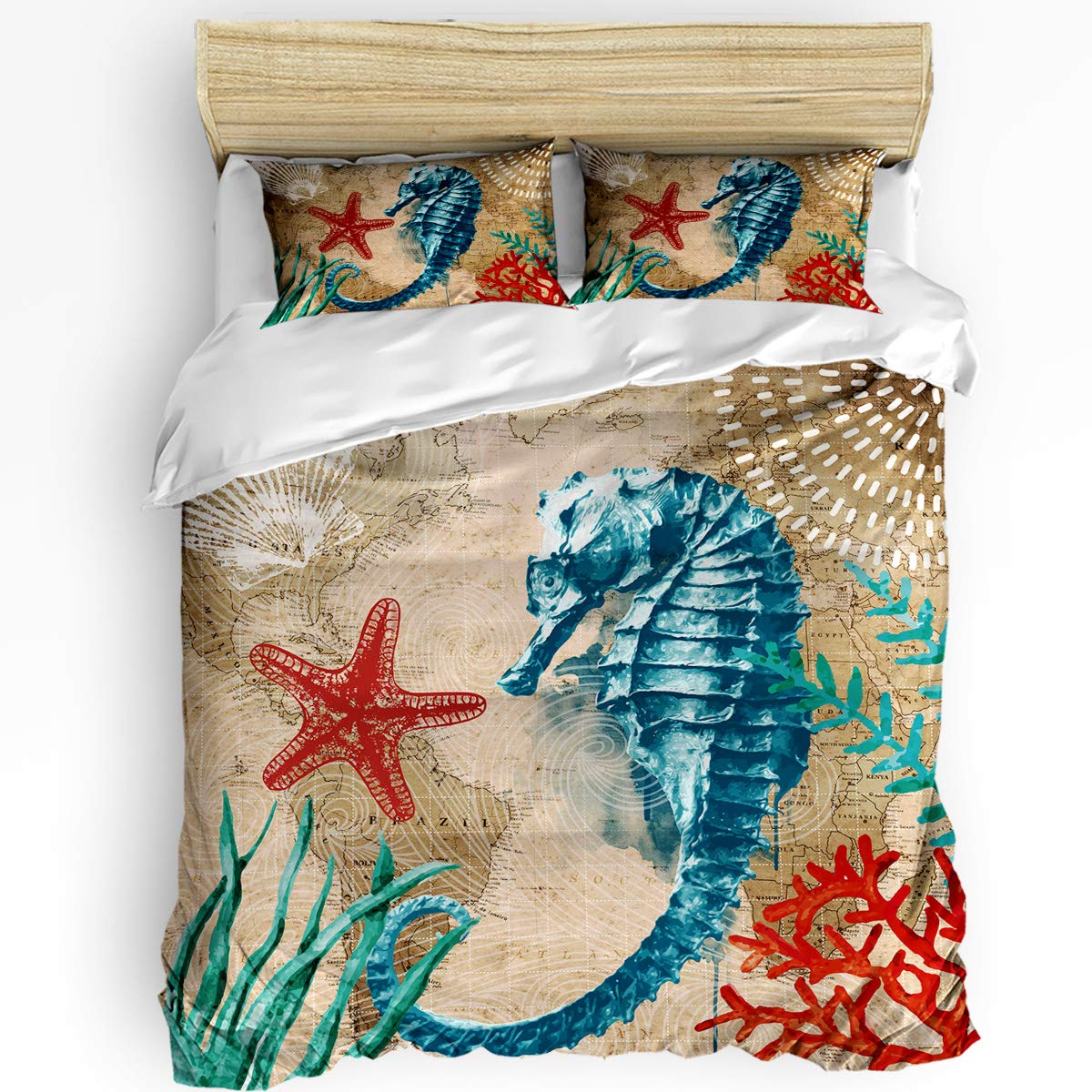 Premium Soft 3-Piece Duvet Cover Set (1 Duvet Cover + 2 Pillow Shams) - Nautical Seahorse Luxury Bedding for California King Size - Zipper Closure, Breathable & Wrinkle-Resistant - Perfect for Master Bedroom, Guest Room & Coastal-Themed Decor