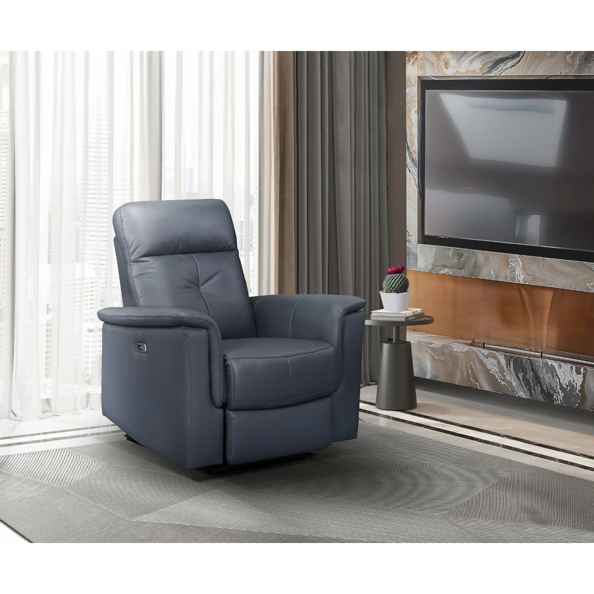Blue Grey Power Glider Recliner with USB Charging - Genuine & Faux Leather - Perfect for Living Room, Home Theater, and Nursery Comfort
