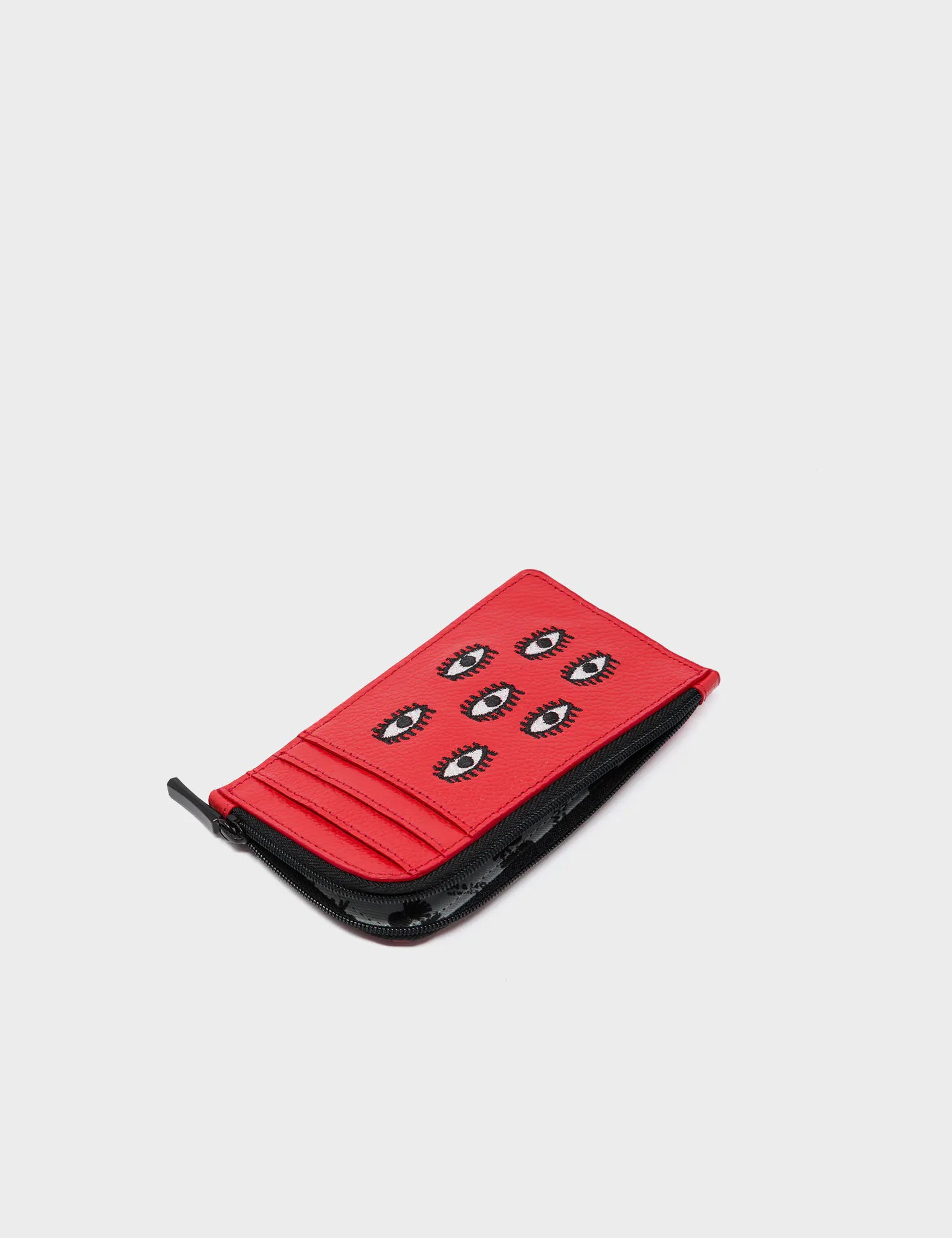 Fausto Poppy Red Leather Zip Around Cardholder with All Over Eyes Embroidery - Stylish RFID Blocking Wallet for Men & Women | Perfect for Travel, Business, and Everyday Use