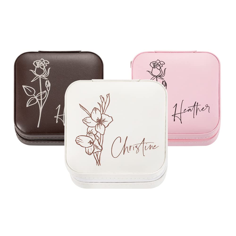 Personalized Birth Flower Jewelry Box for Women - 3-Layer Jewelry Organizer with Name Engraving, Travel Jewelry Case for Earrings, Rings & Necklaces - Perfect Wedding, Engagement, Birthday Gift for Her - Great for Home Storage & Travel Accessories