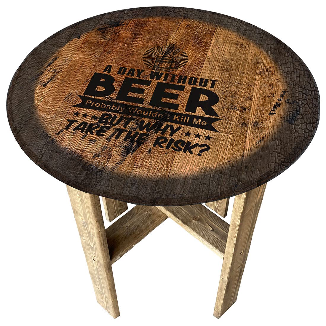 Farmhouse Rustic Round Whiskey Barrel End Table - Unique Beer Gift & Home Decor for Living Room, Man Cave or Pub