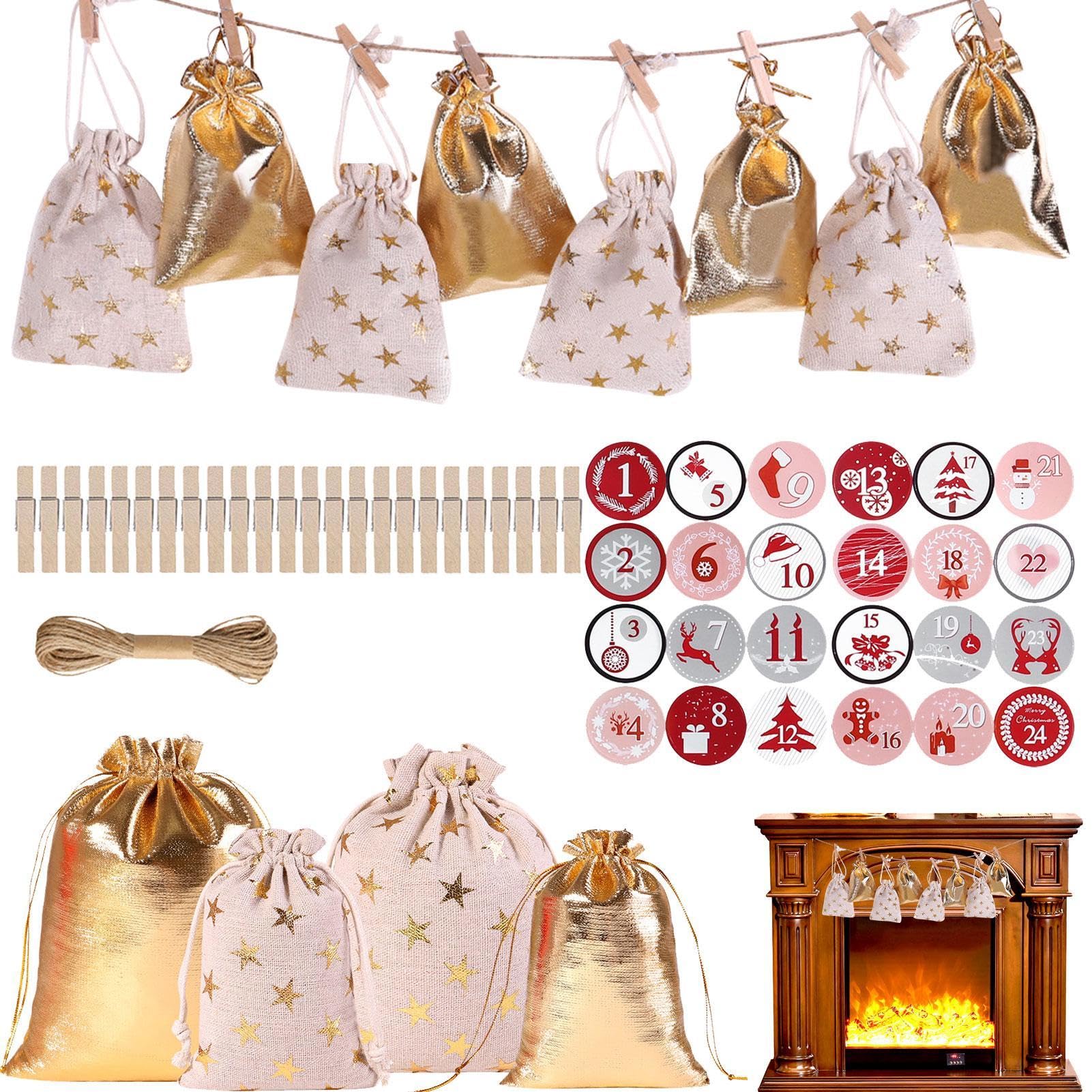 24 Countdown Advent Calendar Bags for Christmas - 24-Piece Set with Drawstring, Holiday Gift Bags for Kids & Adults - Perfect for Christmas Countdown, Party Favors, Stocking Stuffers & Festive Decorations