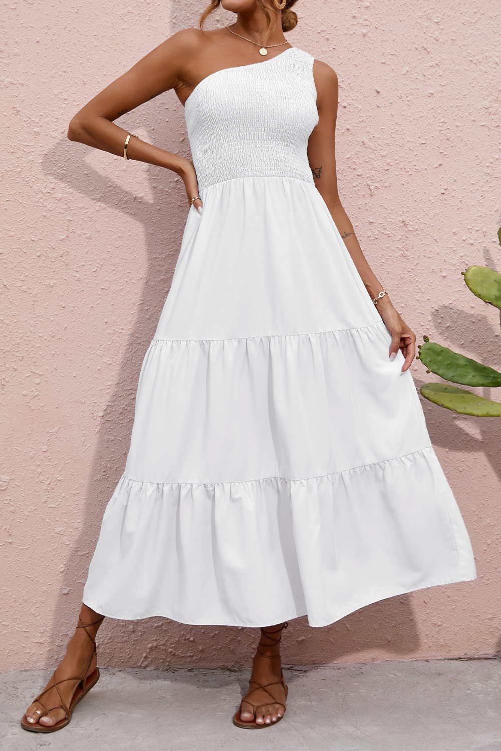 BTFBM Women's 2025 Summer One Shoulder Floral Maxi Dress - Boho Beach Sleeveless High Waist Smocked Flowy Casual Dress for Vacations, Parties & Outdoor Events