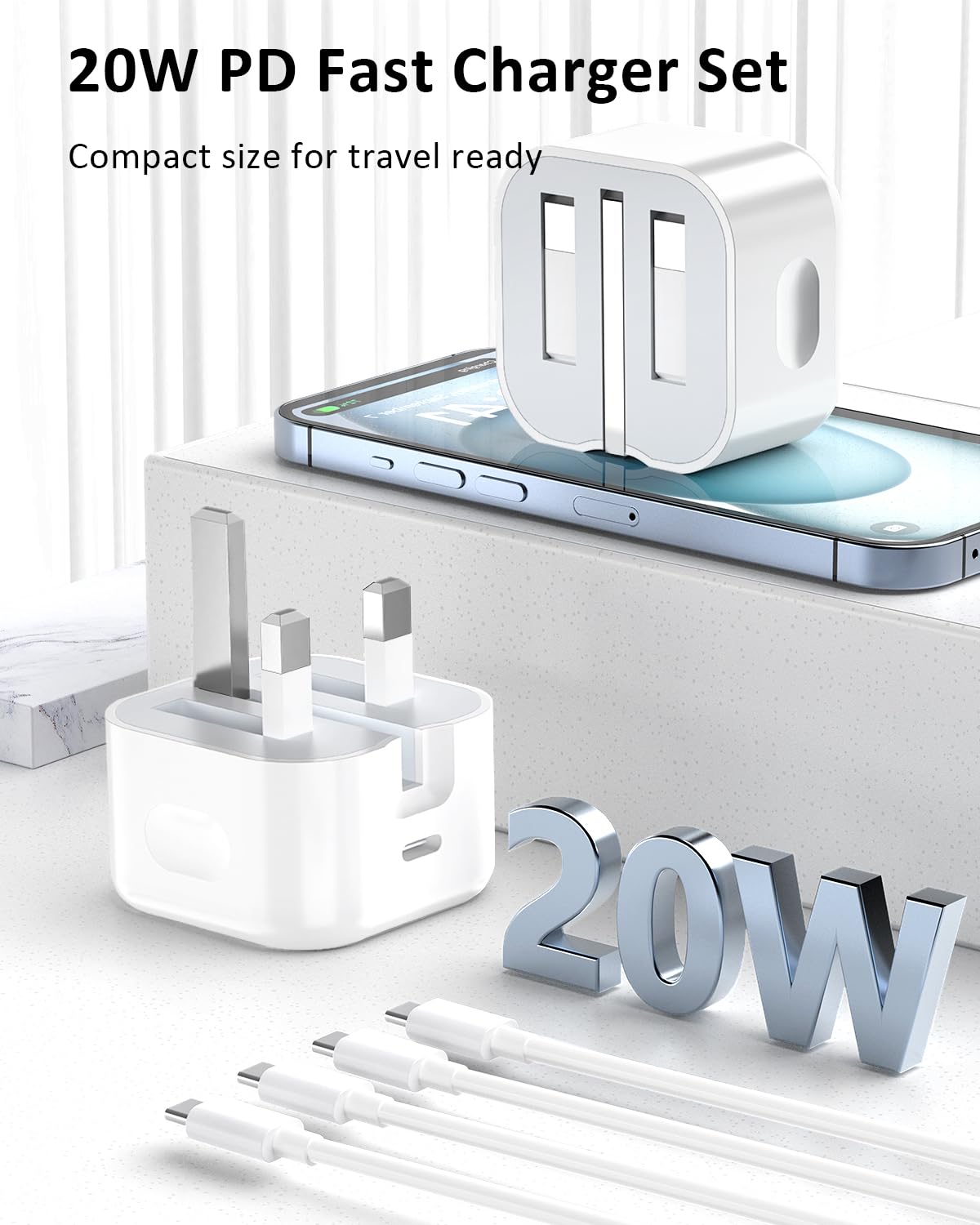 20W USB C Fast Charger Plug - PD Wall Charger Adapter for iPhone 15/16/Pro/Max, Galaxy S24/S23 - Foldable Type C Charger with Fast Charging Cable | Perfect for Travel, Home & Office Use