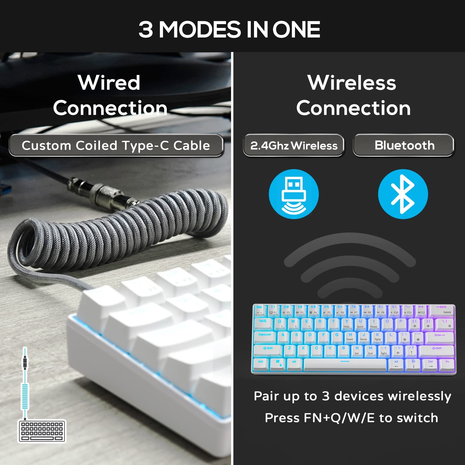 RK ROYAL KLUDGE RK61 Wireless Mechanical Keyboard - 60% Compact 61 Keys, RGB Backlit, Hot-Swappable Brown Switches, Bluetooth/2.4Ghz/Wired Triple Mode for Gaming & Typing - Compatible with Windows & Mac - Perfect for Office Work, Gaming & Programming