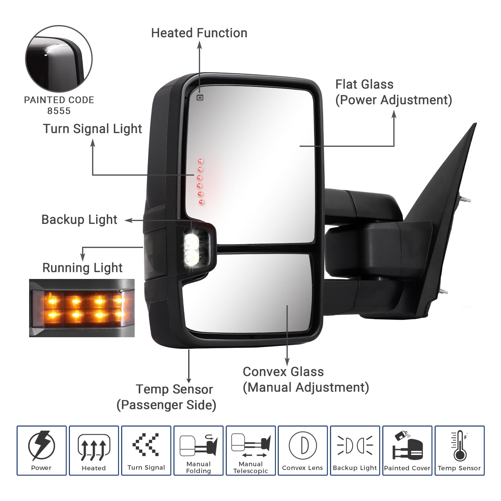 Heated Power-Adjustable Towing Mirrors for 2014-2018 Chevy Silverado & GMC Sierra 1500/2500/3500 HD - Black Painted with Turn Signal Lights (Model 8555) - Perfect for Towing Trailers, Campers & Heavy Loads