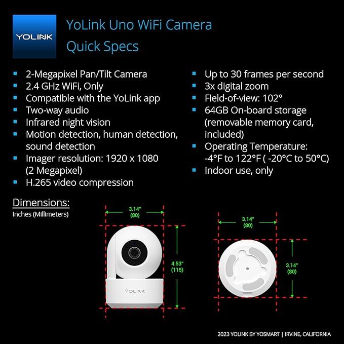 YoLink Uno 2.4G WiFi Wireless Indoor Security Camera - 1080p HD Baby & Pet Monitor with Night Vision, 2-Way Audio, 64GB SD Card, 360° Rotation - Perfect for Home Security, Baby Monitoring, and Pet Watching