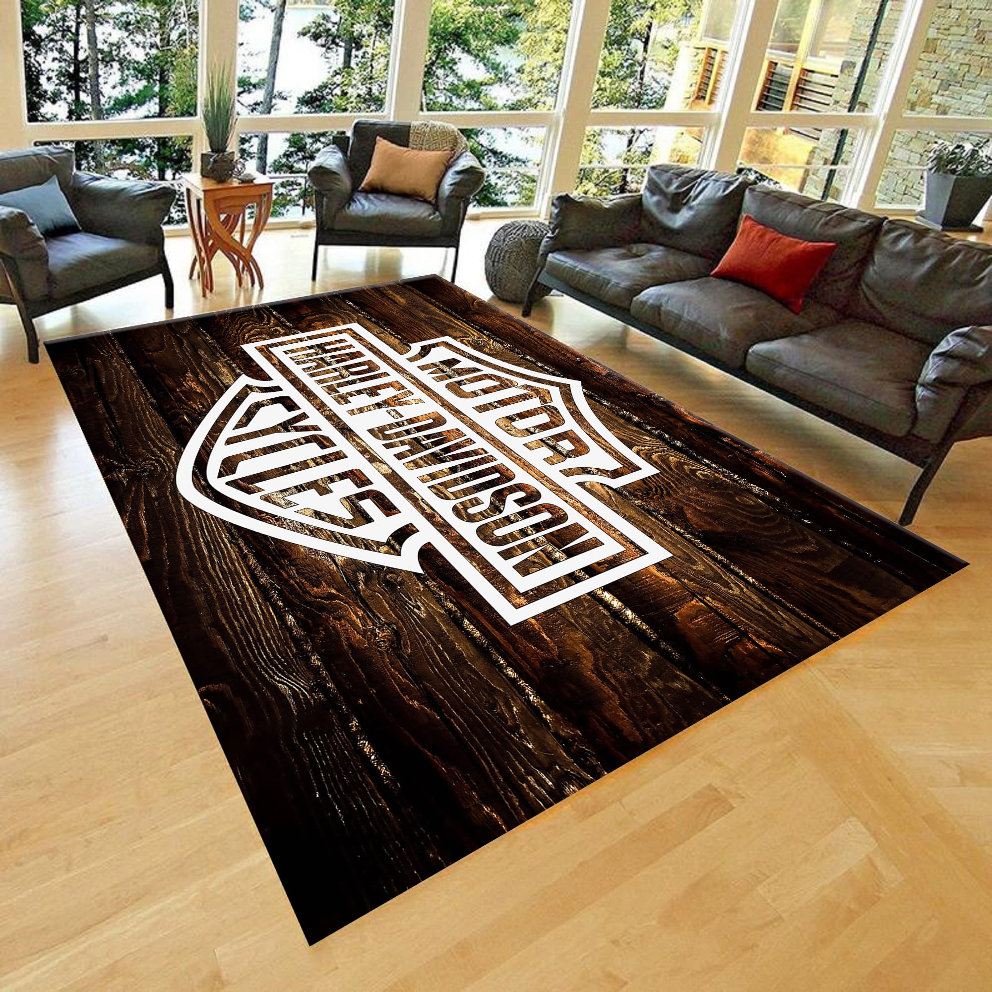 Harley Davidson Themed Rug - 70”x110” (180x280cm) Modern Area Rug for Living Room, Bedroom & Home Decor | Non-Slip Soft Carpet for Biker Gifts, Man Cave & Motorcycle Enthusiasts