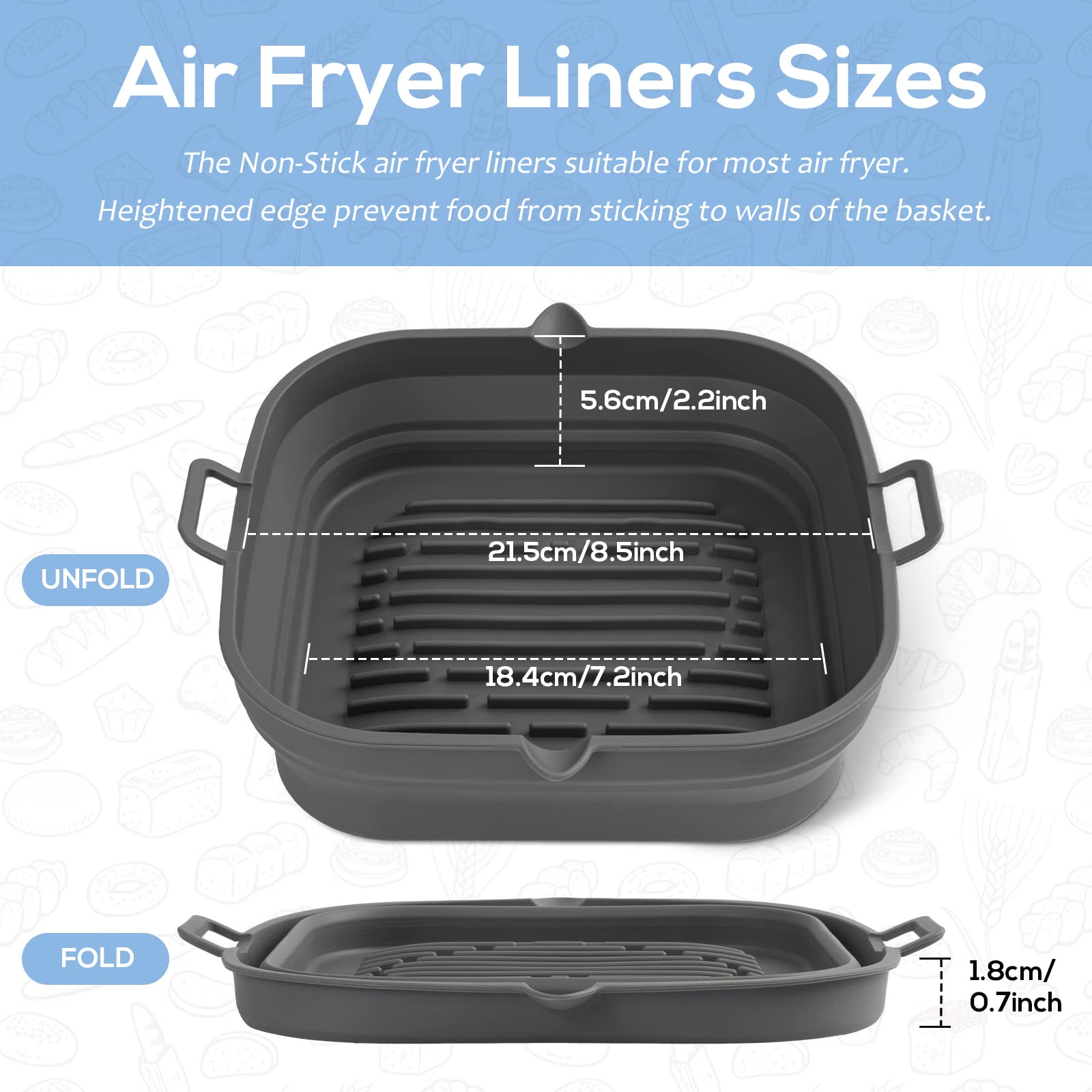 Reusable 8.5 Inch Square Silicone Air Fryer Liners & Basket - Non-Stick Baking Tray for 5.8 to 8 Qt Air Fryers & Ovens - Easy to Clean Kitchen Accessories - Perfect for Healthy Cooking, Meal Prep & Family Dinners