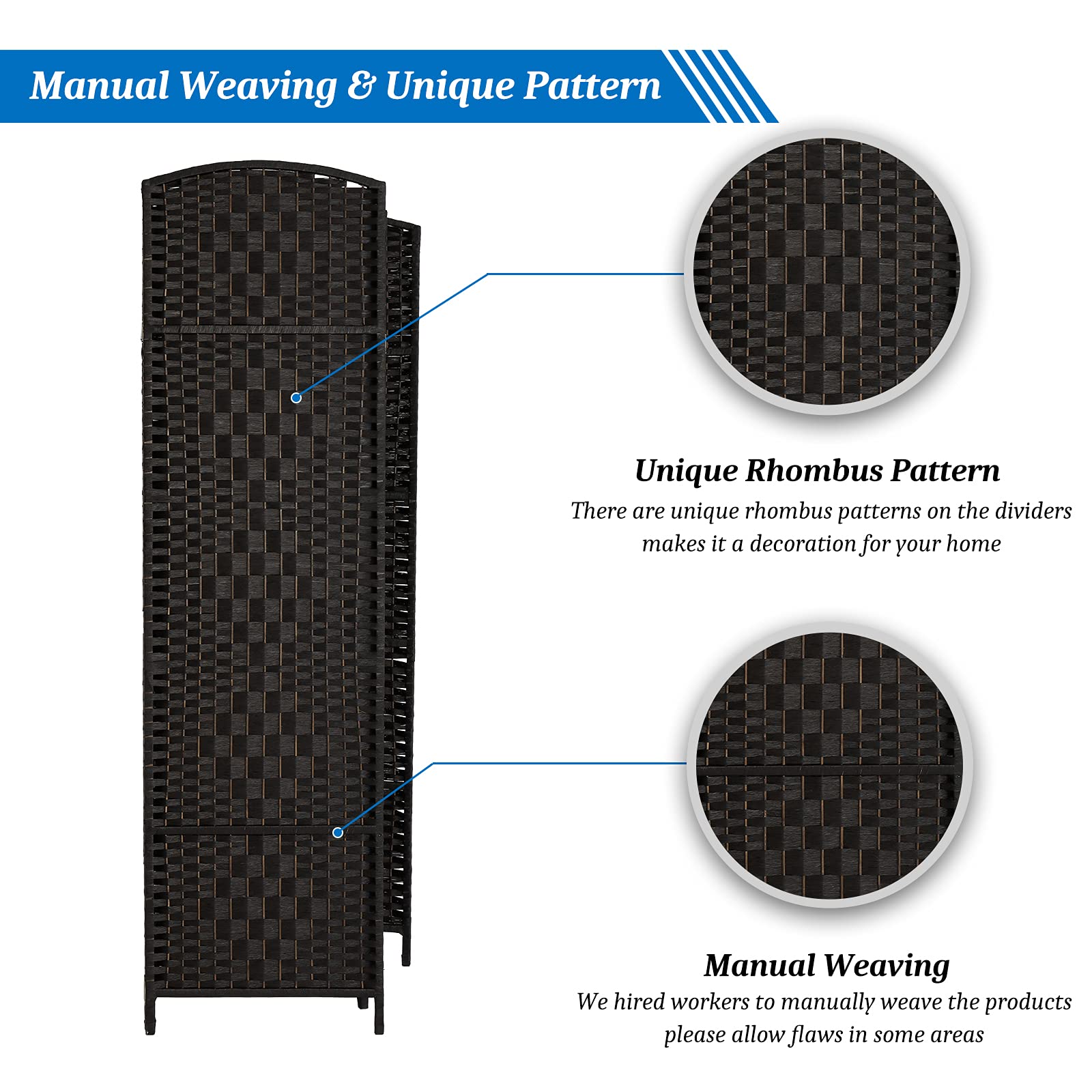 VINGLI 6-Panel Tall Rattan Room Divider Screen - 6FT Folding Privacy Partition for Indoor Spaces - Freestanding Hinged Room Separator in Black - Perfect for Home Office, Bedroom, and Living Room Privacy