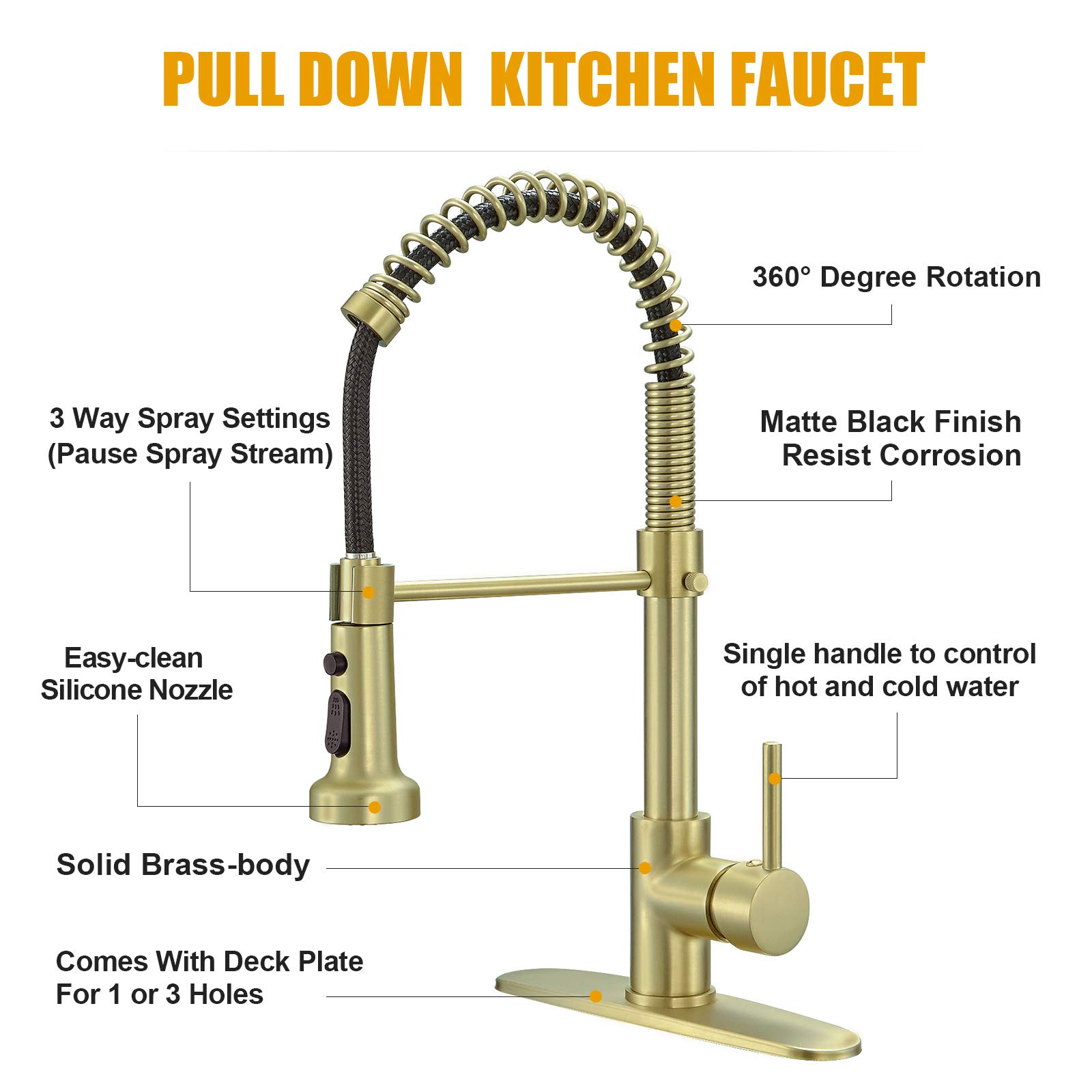 BESy Brushed Brass Kitchen Faucet with Pull-Out Sprayer - High-Arc Single Handle Spring RV Kitchen Sink Faucet, 3-Function Laundry Faucet in Brushed Gold Finish | Perfect for Modern Kitchens, RVs, and Laundry Rooms