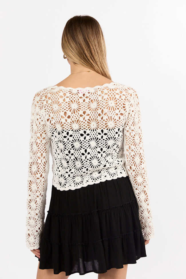 Elegant Ivory Crochet Cardigan for Women - Long Sleeve Lace Knit Sweater | Perfect for Weddings, Date Nights & Fall Layering