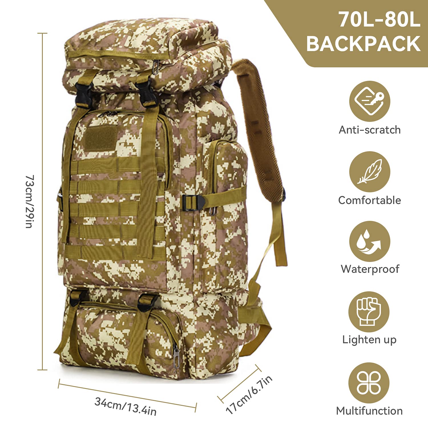 75L Waterproof Hiking Backpack - Lightweight Durable Trekking Bag for Outdoor Adventures, Camping & Travel - Perfect for Long-Distance Hiking, Backpacking Trips & Mountain Expeditions