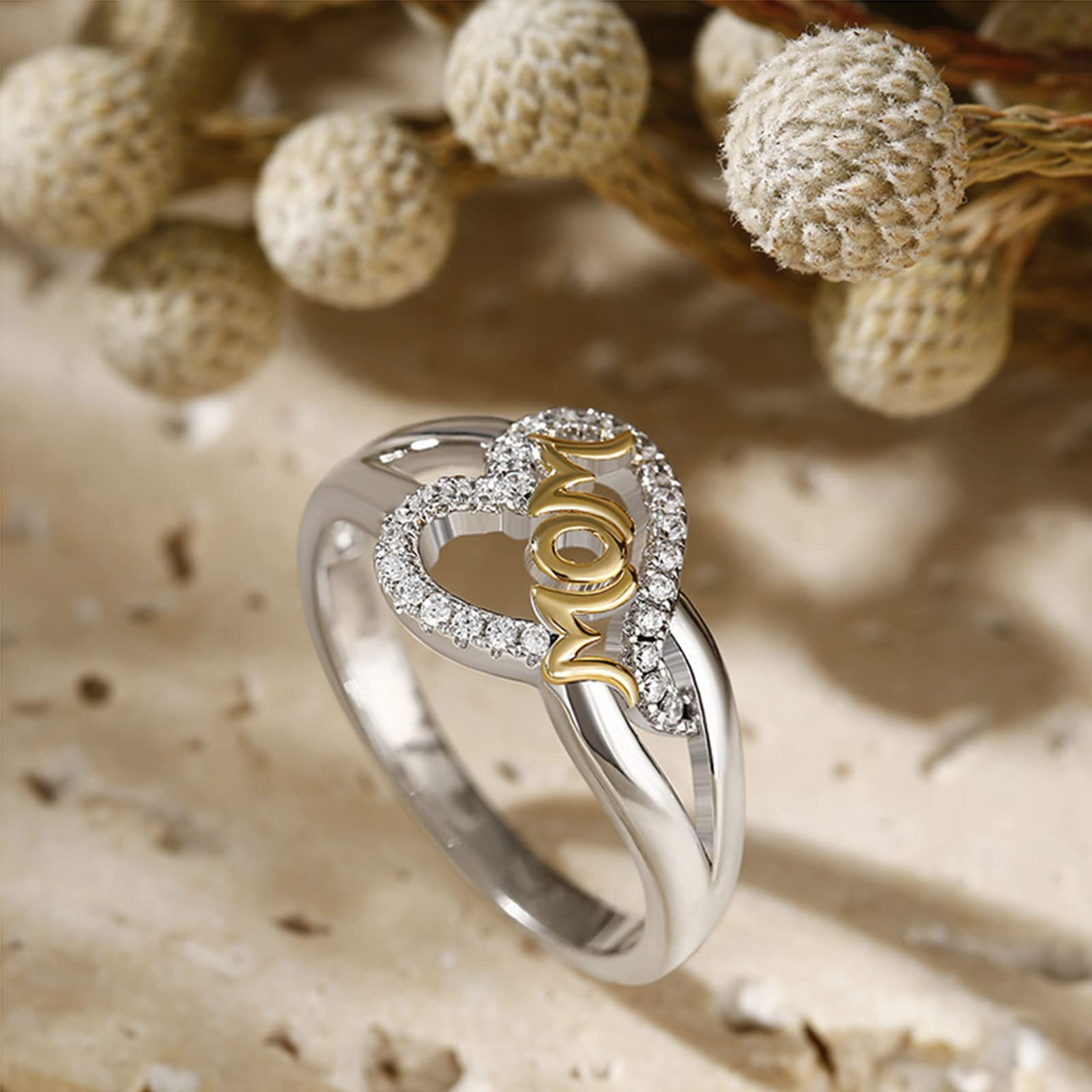 Jeulia Sterling Silver Gold Plated Rhinestone Heart Cut Ring - MOM Letter Ring for Mother's Day, Engagement, Wedding & Anniversary Gift with Jewelry Box | Perfect for Valentine's Day, Christmas & Special Occasions