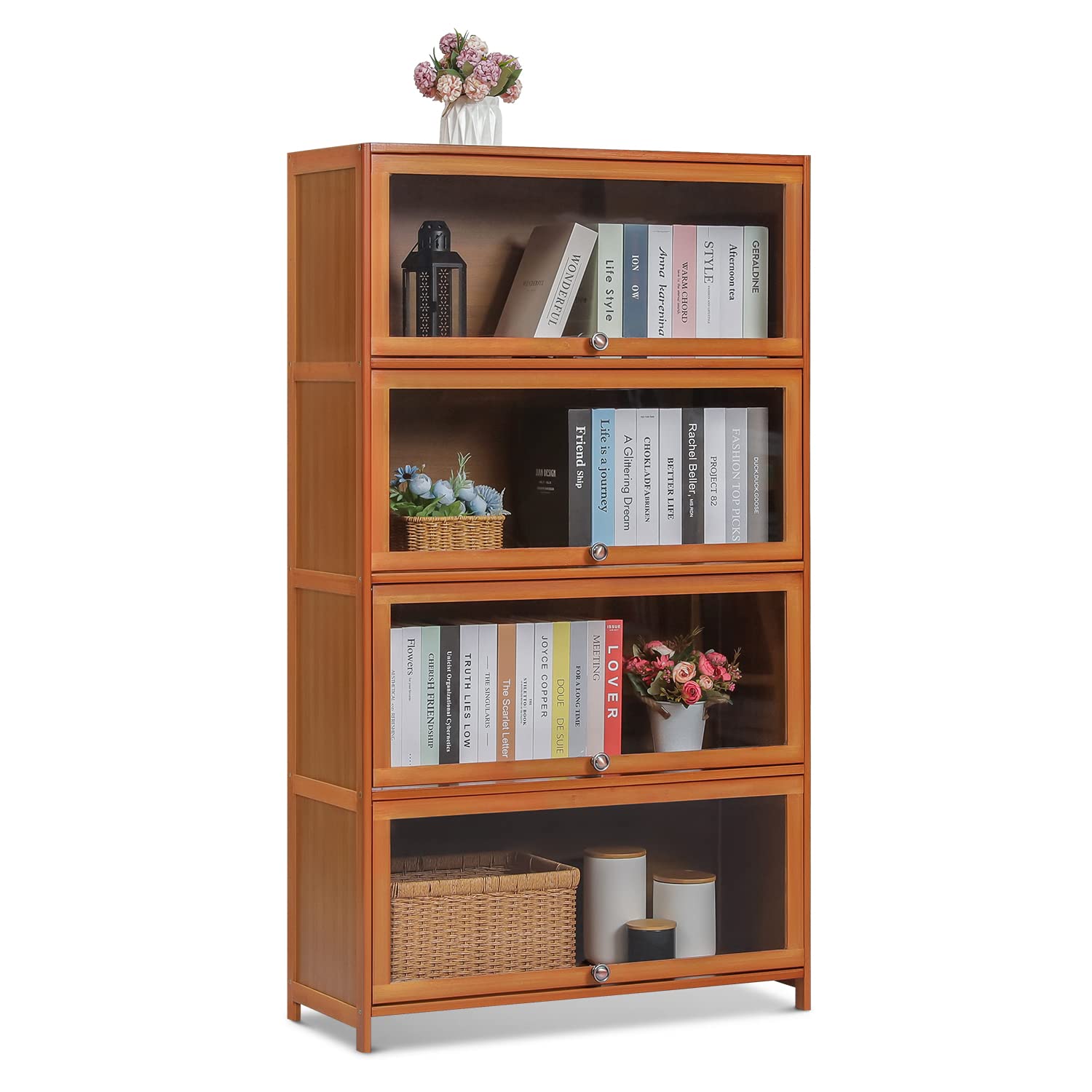 MoNiBloom 4-Tier Acrylic Door Bamboo Bookcase - Space-Saving Display Shelf & Organizer for Kids, Students, Bedroom, Home & Office (Brown) | Perfect for Storing Books, Toys, Decor & Office Supplies