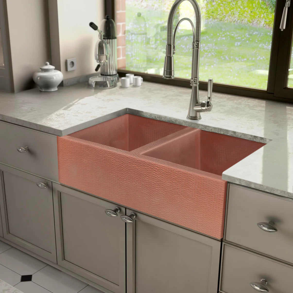 Vintage Copper Farmhouse Sink 50/50 Split Double Bowl - Rustic Kitchen Sink for Farmhouse, Cottage & Country Style Homes - Perfect for Food Prep, Washing Dishes & Farmhouse Decor