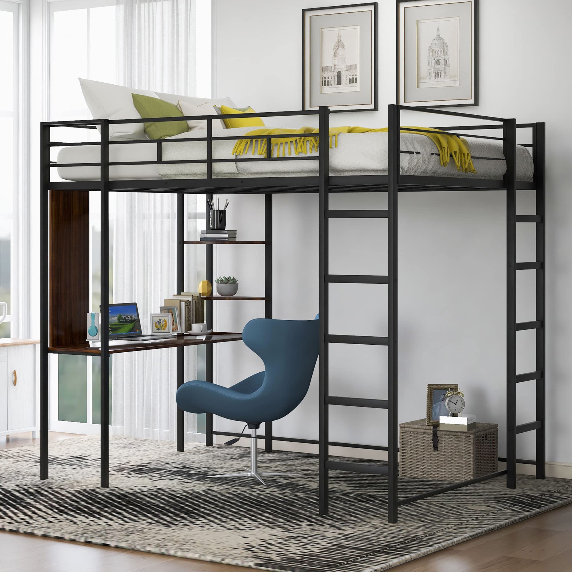 P PURLOVE Full Size Metal Loft Bed with Built-in Desk & 2 Shelves - Sturdy Black Loft Bed Frame with Ladder - Perfect for Small Bedrooms, Dorms & Studio Apartments