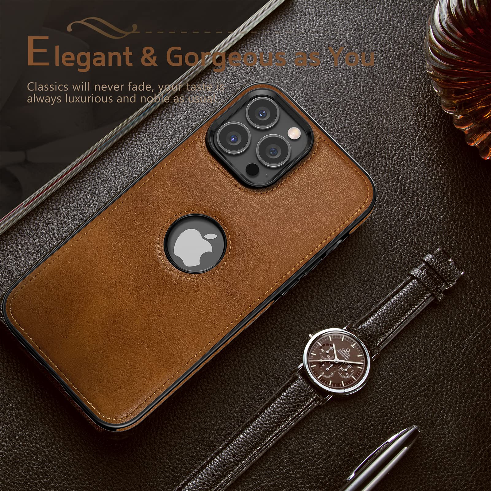 LOHASIC iPhone 14 Pro Max Case (6.7 inch 2022) - Premium Genuine Leather Business Cover with Shockproof Protection & Visible Logo - Elegant Brown - Perfect for Office Professionals & Daily Use
