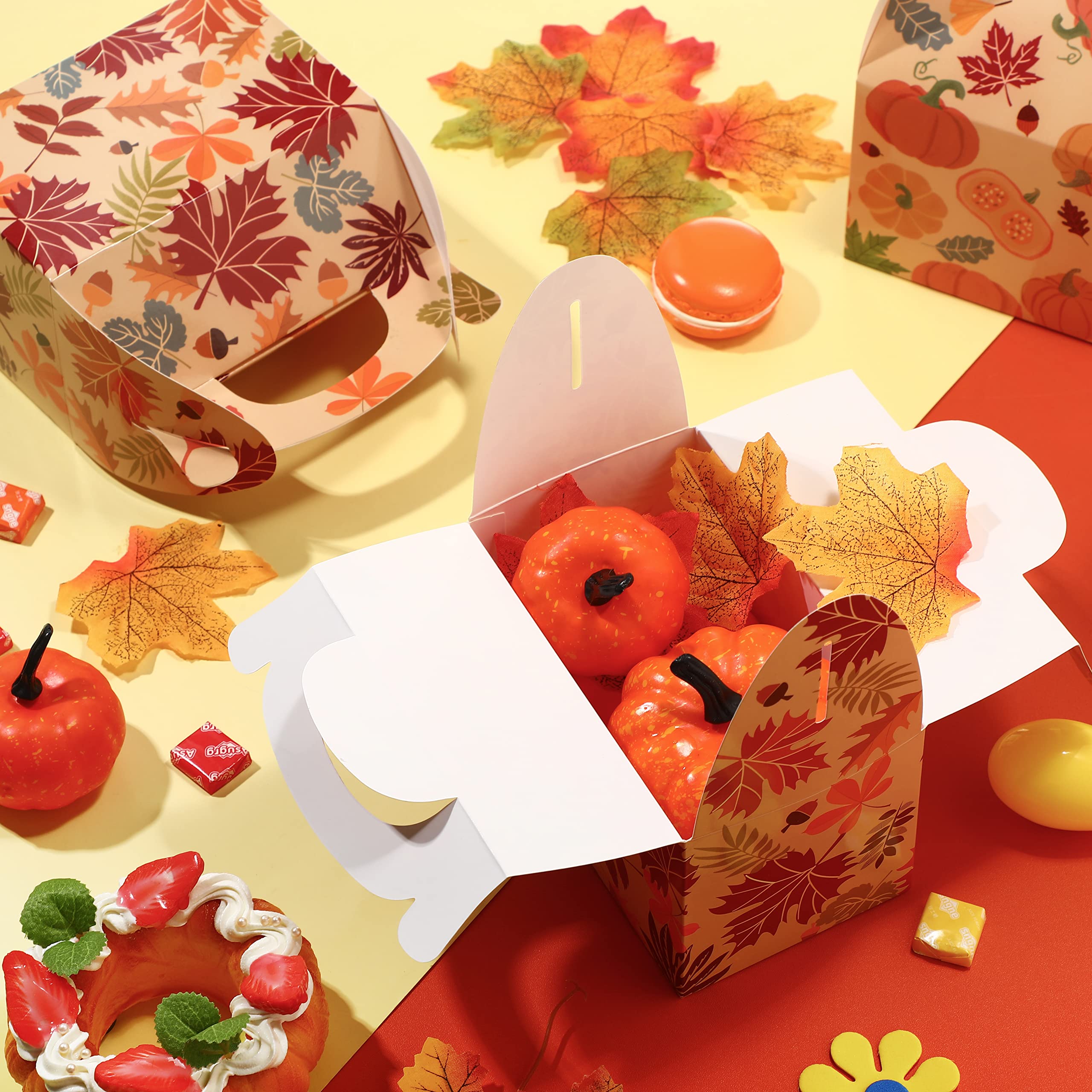 Fall Party Candy Boxes - 24 Pcs Thanksgiving Treat Boxes with Pumpkin & Maple Leaf Design for Autumn Harvest, Halloween, Birthday Party Decorations | Perfect for Candy, Cookies, and Party Favors
