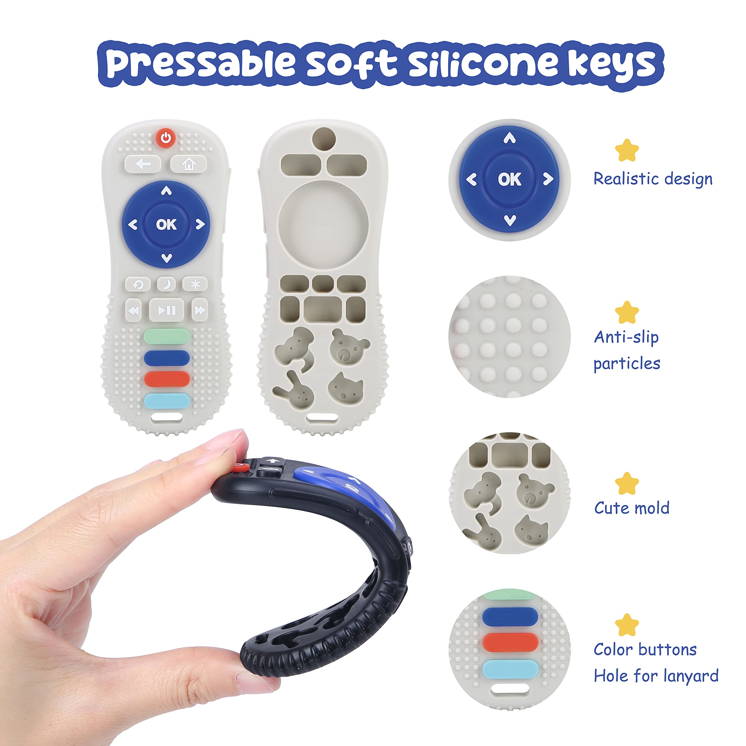 FXK Baby Teething Toys for 6-12 Months - 2 Pack BPA Free Silicone Teethers with Remote Control Design, Sensory Chew Toys for Soothing Sore Gums (Black & Grey) - Perfect for Home, Travel & Daycare Use