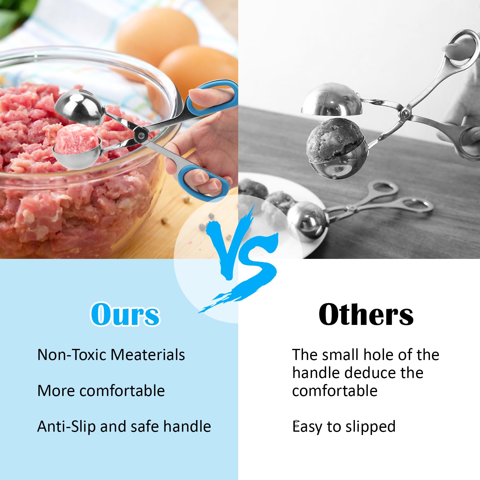 AHIER 2-Piece Non-Stick Meatball Maker Scoop with Detachable Anti-Slip Handles, Stainless Steel Meat Baller & Cake Pop Scoop (1.38