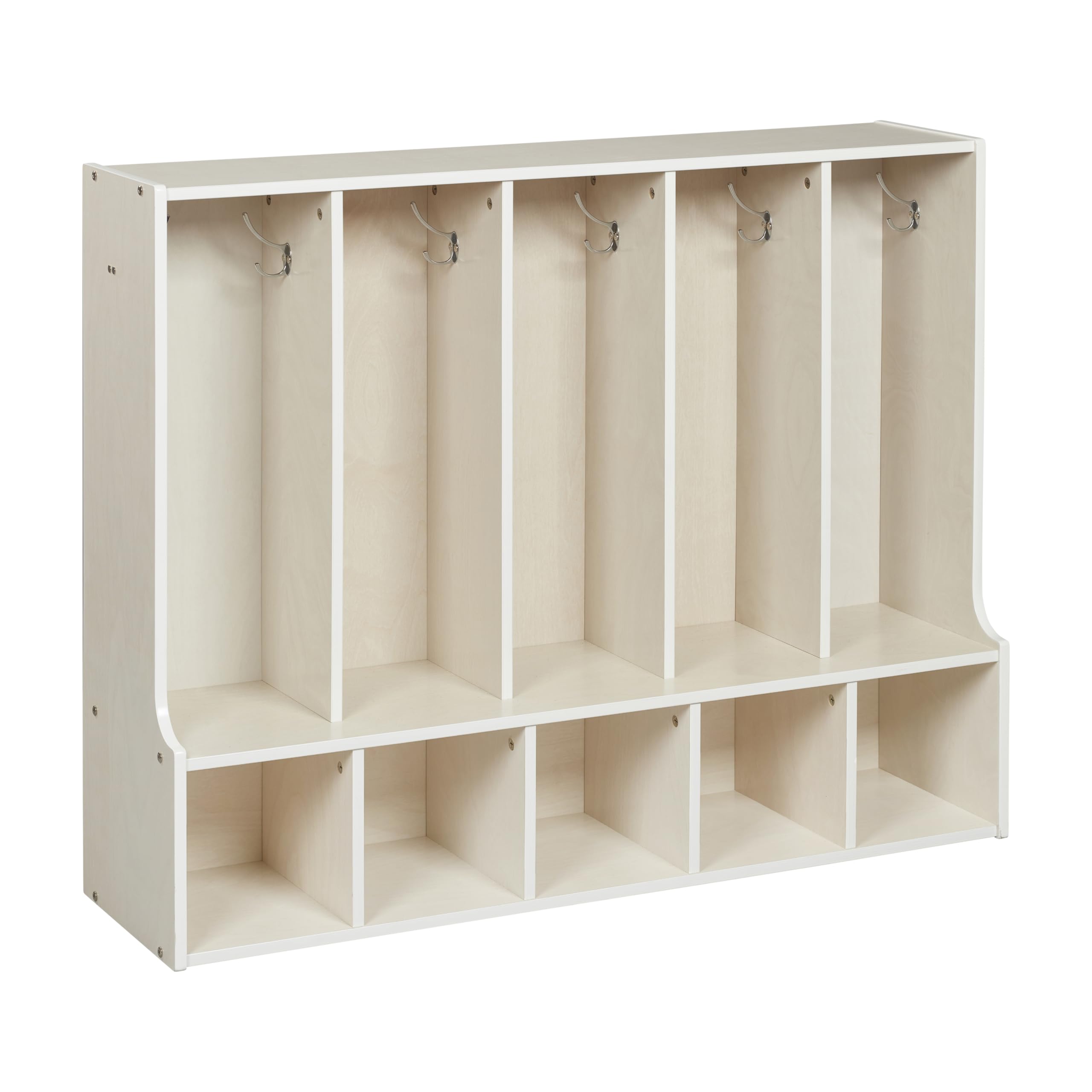 ECR4Kids White Wash 5-Section Toddler Coat Locker with Bench - Durable Classroom Storage Furniture for Preschool, Daycare & Home Entryway Organization