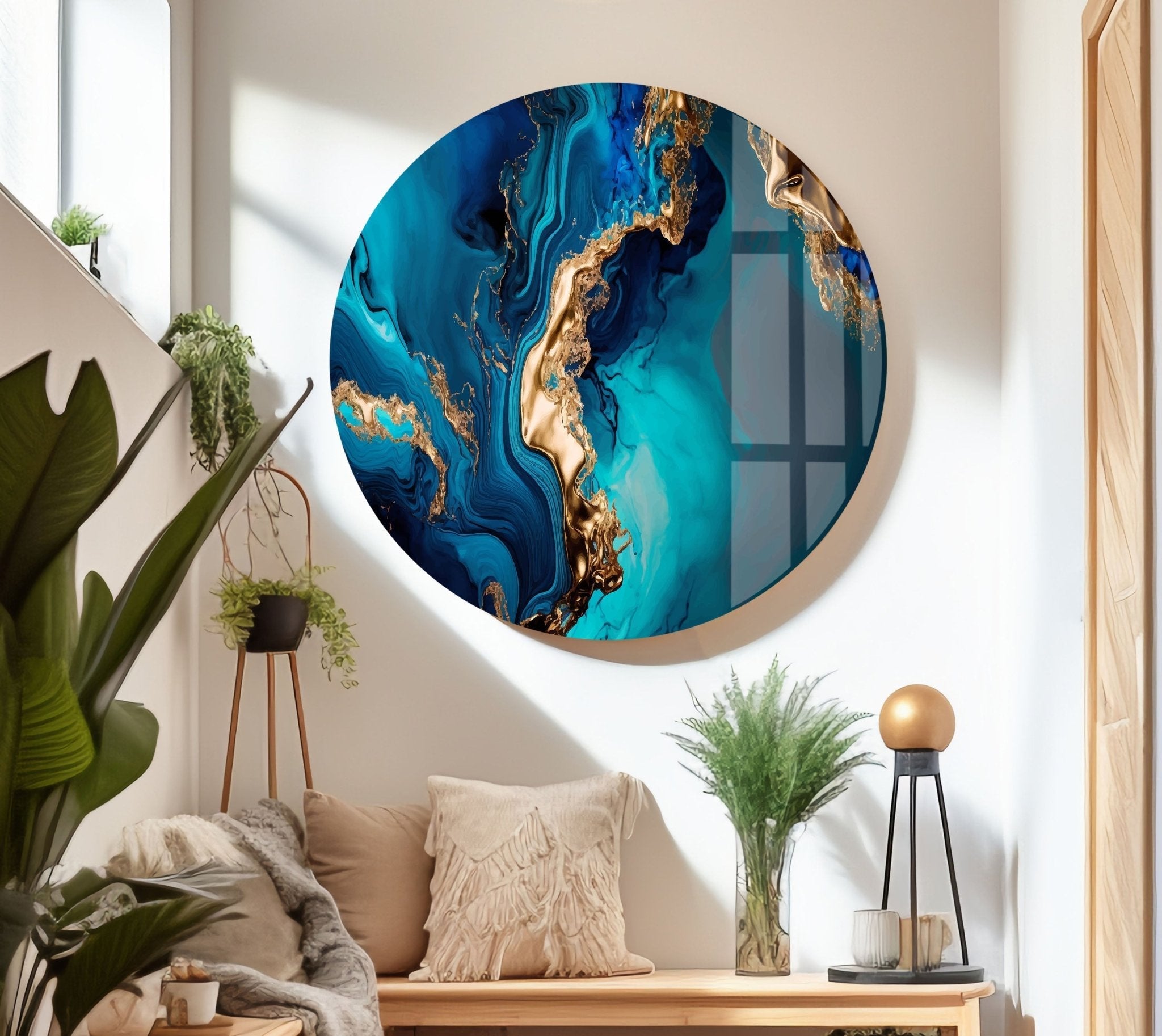 Abstract Turquoise Marble Glass Wall Art - Modern Home Decor for Living Room, Bedroom & Office - Handmade Blue and White Marbleized Glass Panel