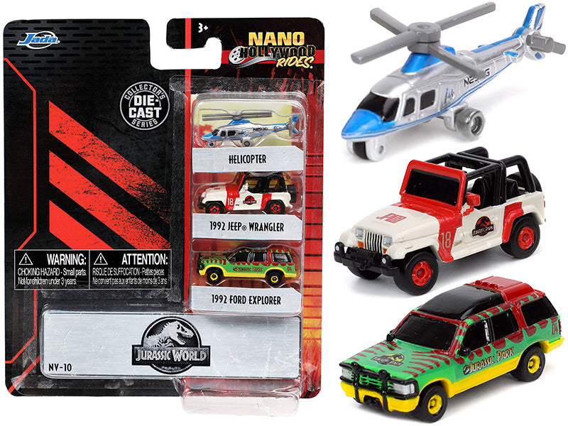 Jurassic World 3-Piece Nano Hollywood Rides Diecast Car Models Set by Jada - Perfect for Movie Fans, Collectors & Kids Play