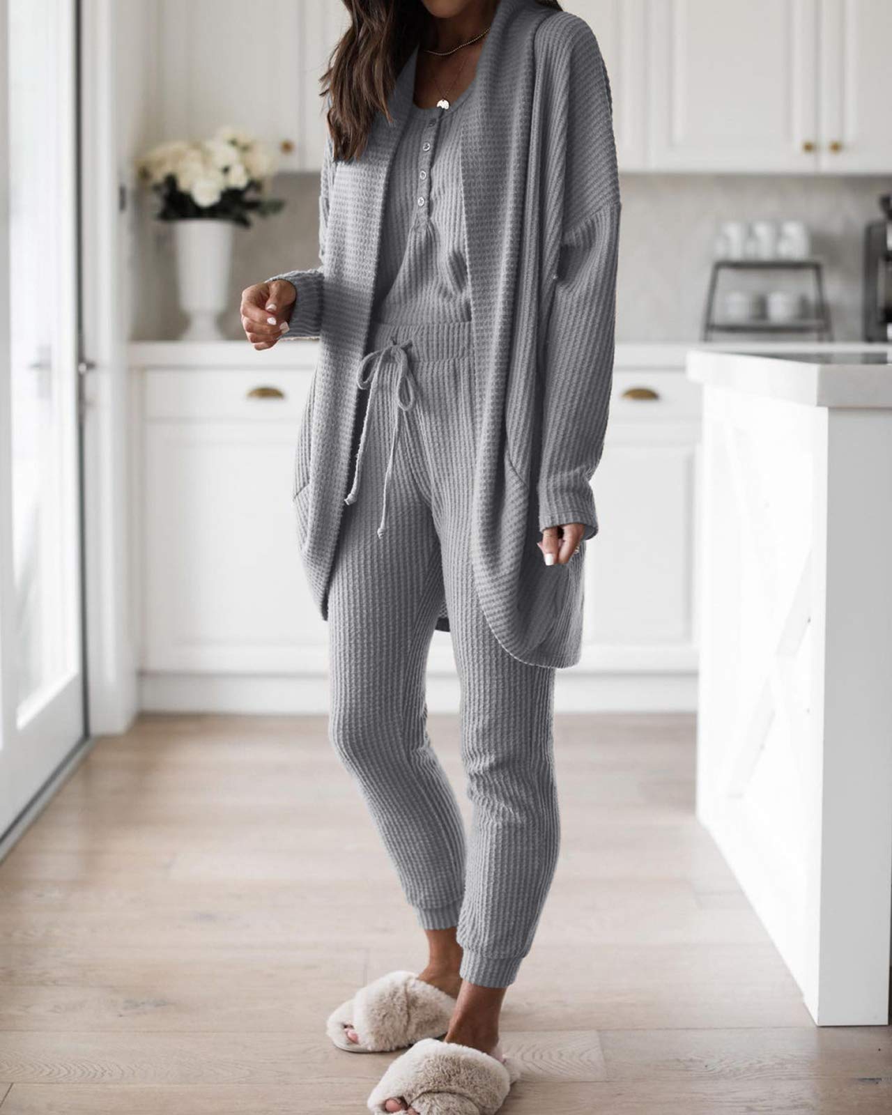 Fessceruna Women's Waffle Knit 3-Piece Lounge Set - Pajama Tank Top, Long Sleeve Cardigan & Pants - Soft Loungewear Outfit for Home, Sleep & Relaxation