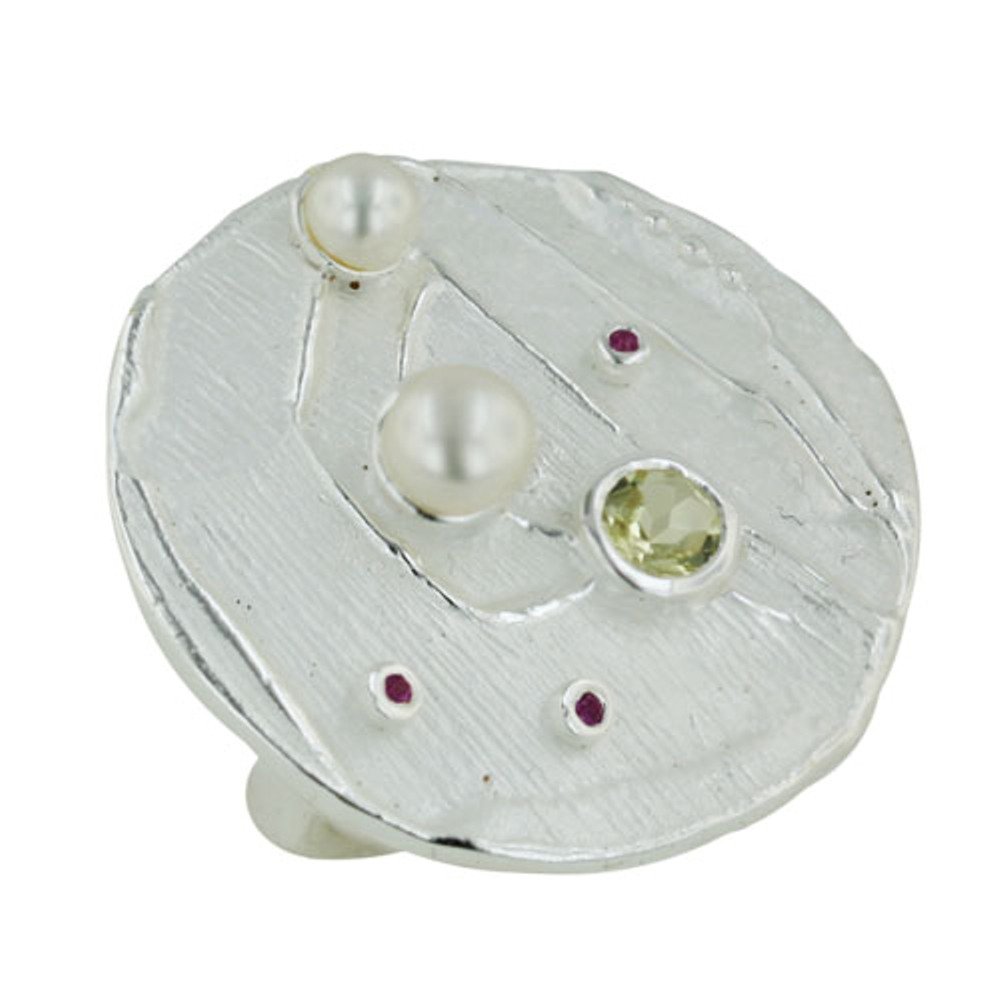 Sterling Silver Ring with Freshwater Pearl, Pink Sapphire & Lemon Quartz - Size 6 | Elegant Jewelry for Women, Wedding Gift, Anniversary Present, Birthday Accessory