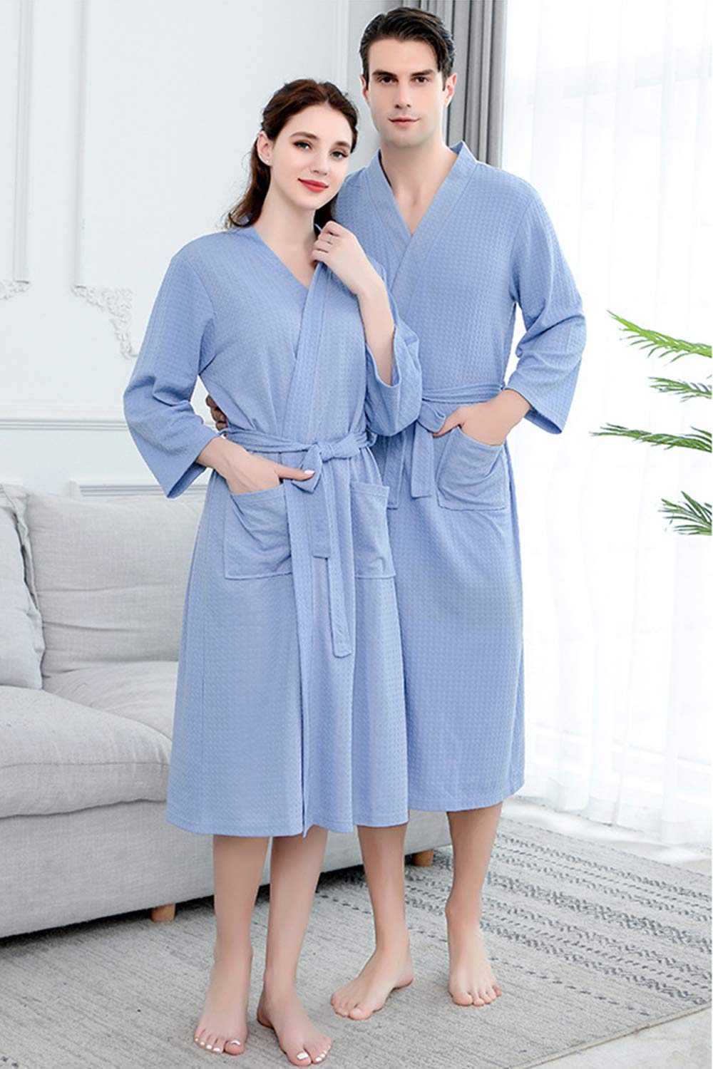ASHER FASHION Women's Lightweight Fleece Robe - Long Waffle Kimono Style Unisex Spa Bathrobe for Relaxation at Home, Lounging & Self Care