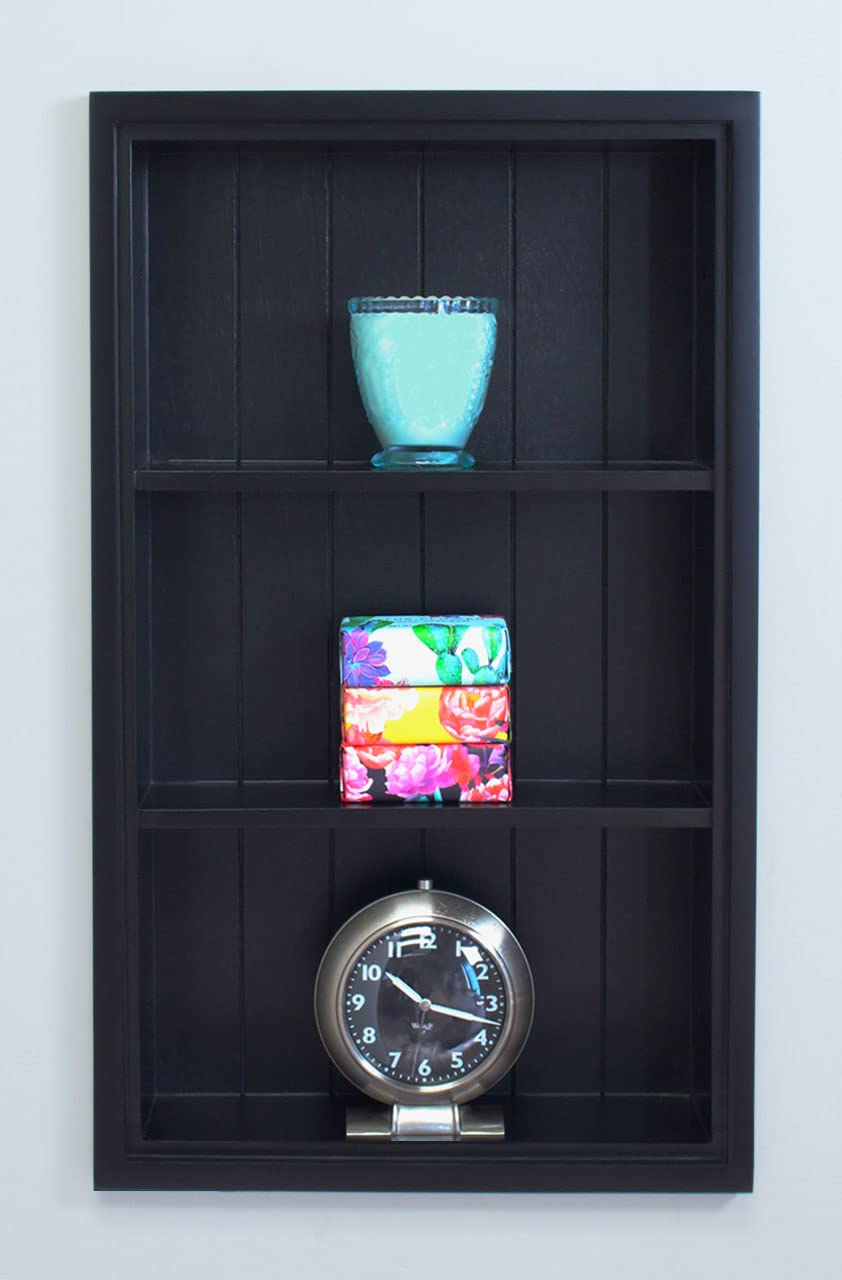 Fox Hollow Furnishings 14x24 Inch Recessed Wall Niche Medicine Cabinet - Solid Wood Bathroom Storage Shelf with Black Beadboard Back (Made in USA) - Perfect for Small Bathrooms, Vanity Organizers & Modern Home Decor