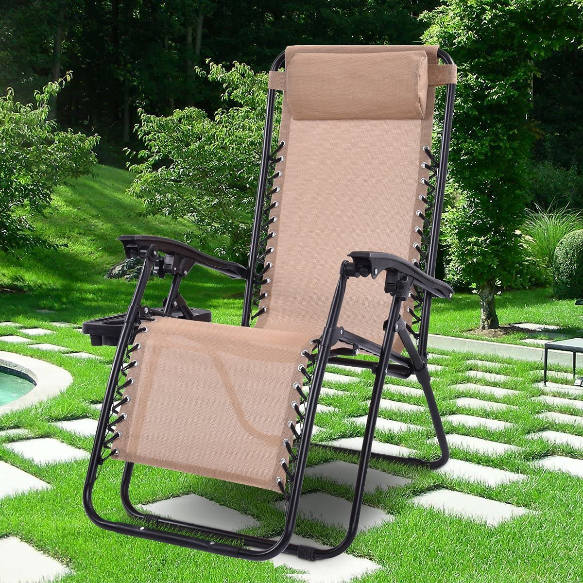 Zero Gravity Reclining Lounge Chair - Adjustable Outdoor Patio Chair with Cup Holder & Headrest - Foldable Sunbathing Chair for Poolside, Backyard, Beach, and Garden Relaxation (Beige)