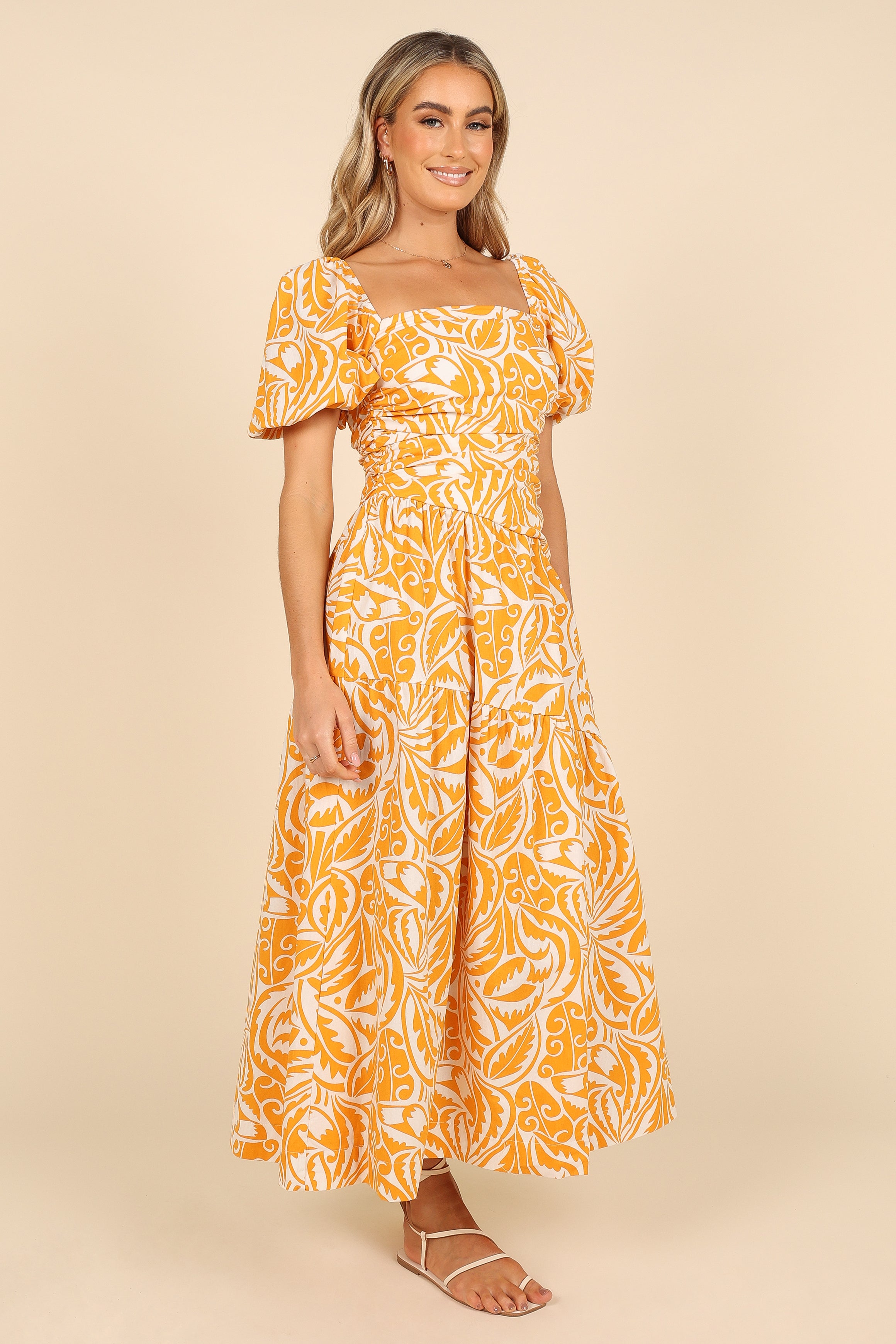 Gaylia Puff Sleeve Midi Dress for Women - Flowy Summer Dress in White & Orange | Perfect for Beach Vacations, Date Nights & Casual Outings