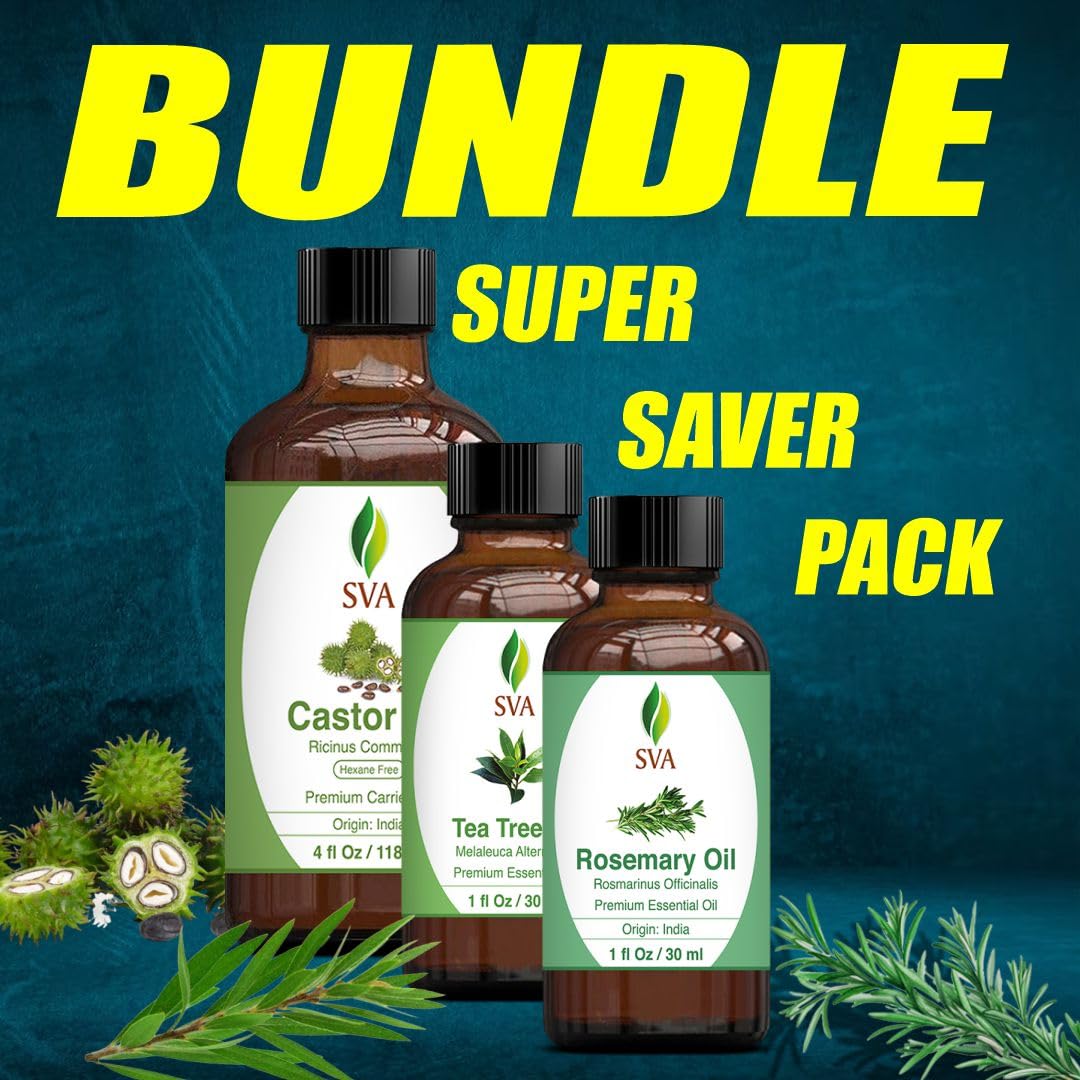 Premium SVA Castor Oil 4oz + Tea Tree & Rosemary Essential Oils 1oz Bundle - Hair Growth, Scalp Care & Skin Moisturizing Set - Perfect for DIY Hair Masks, Aromatherapy Diffusers & Relaxing Massage Therapy