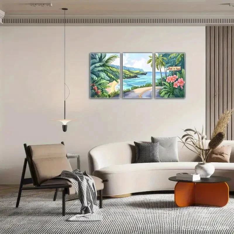 3-Piece Tropical Island Metal Wall Art - Maui Landscape Print Set - Ready to Hang Home Decor for Beach House, Living Room & Office