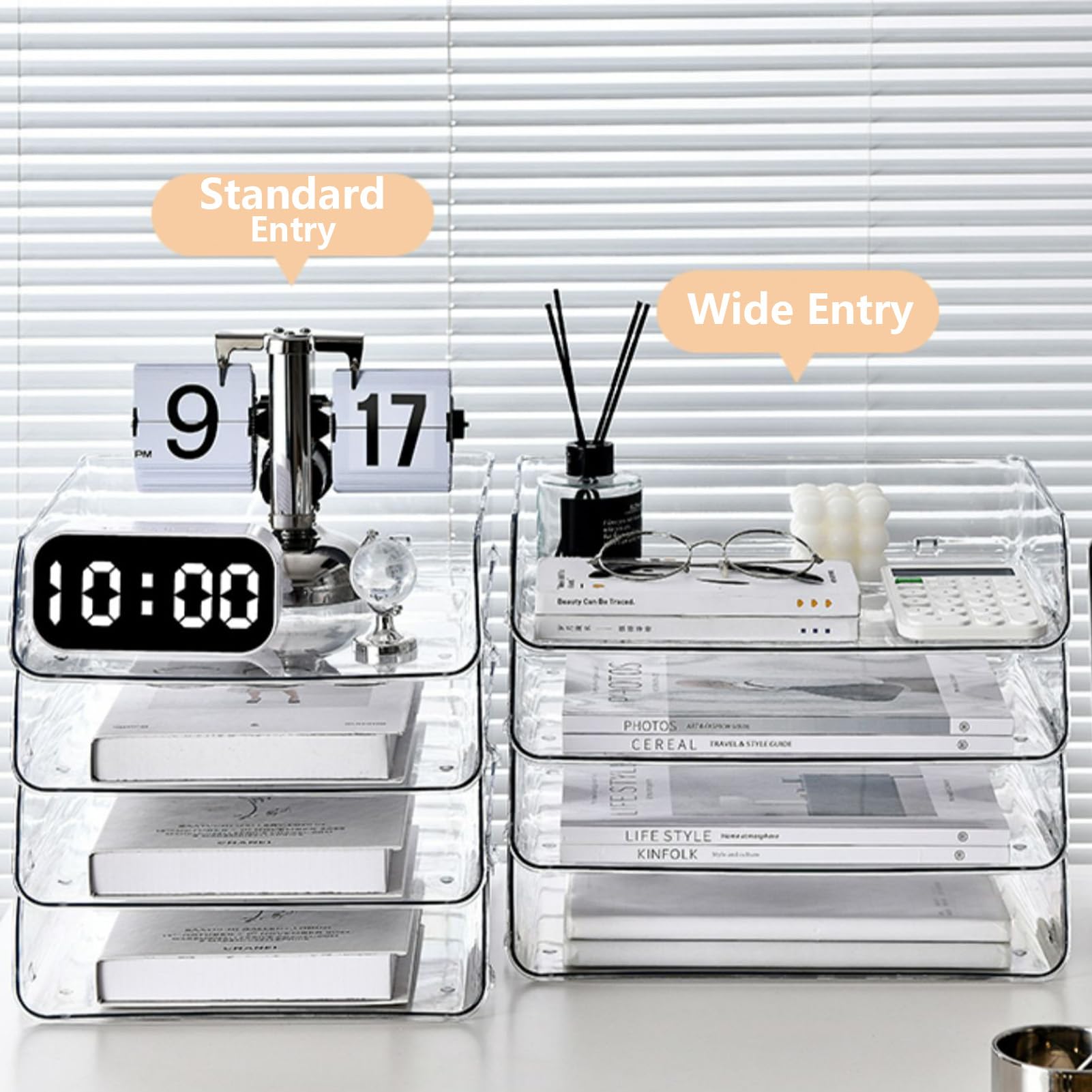 Stackable Clear Desk Organizer - 4 x Wide Entry Letter Tray for Office Paper, Files & Books Storage | Perfect for Home Office, School & Workspace Organization